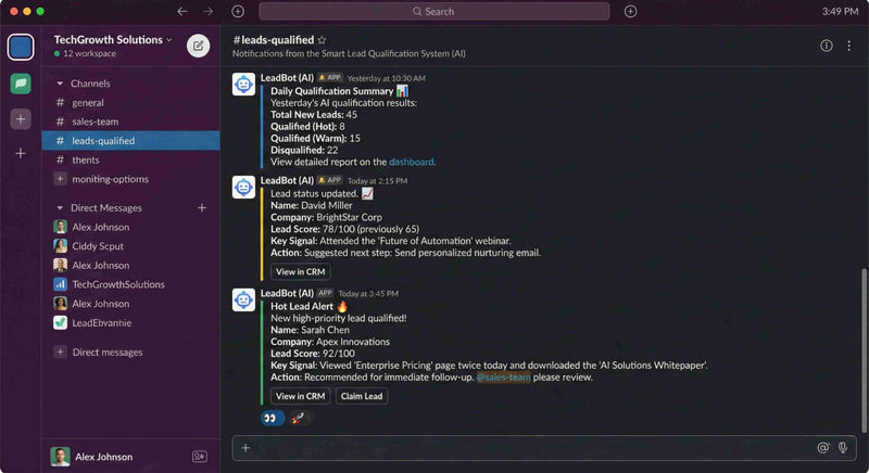 Rich Slack notifications with prospect profiles and AI qualification scores