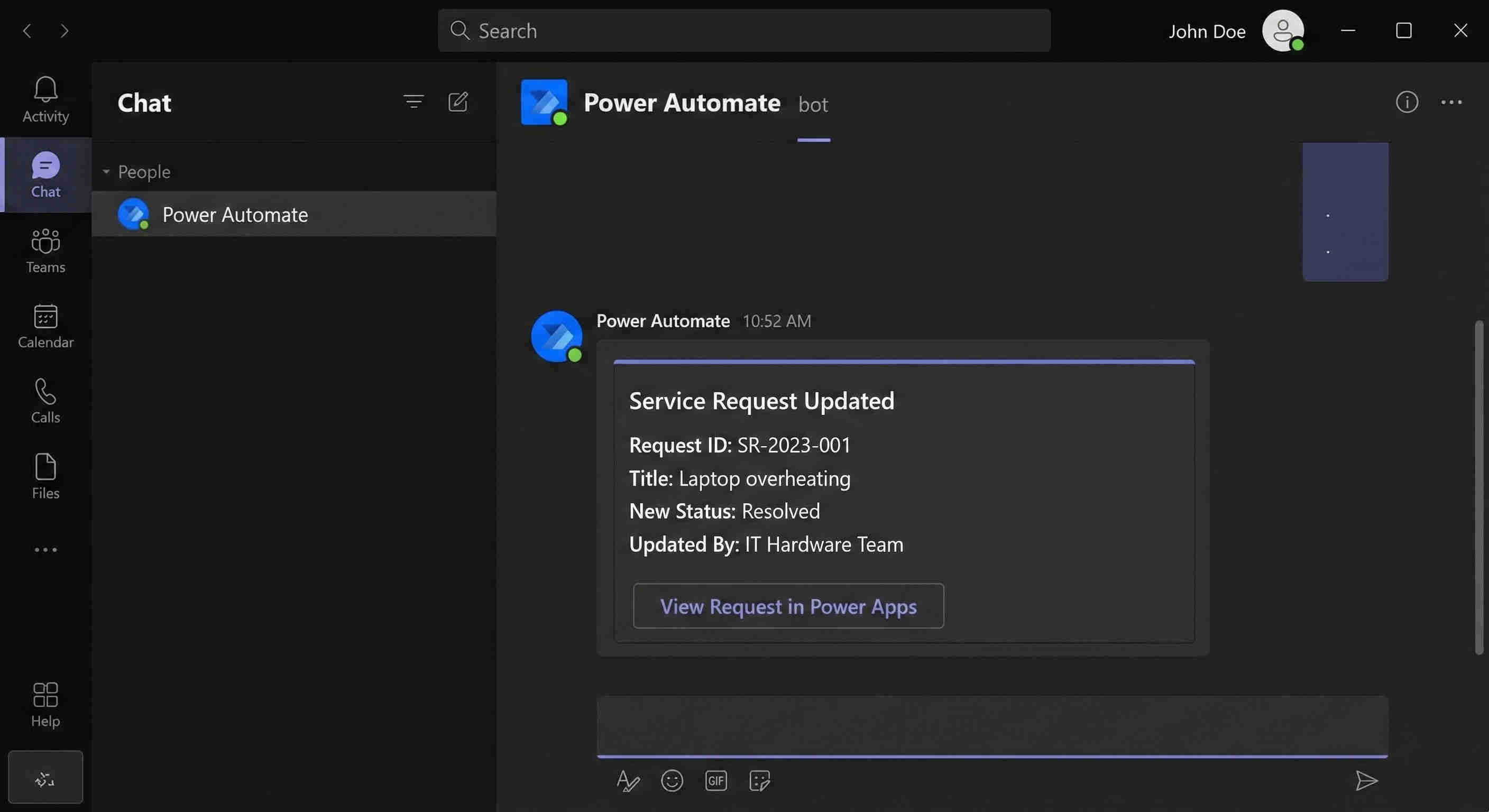 Teams notification integration showing adaptive card with request details and assignment actions alongside the analytics dashboard displaying open request volumes, turnaround metrics, and technician workload