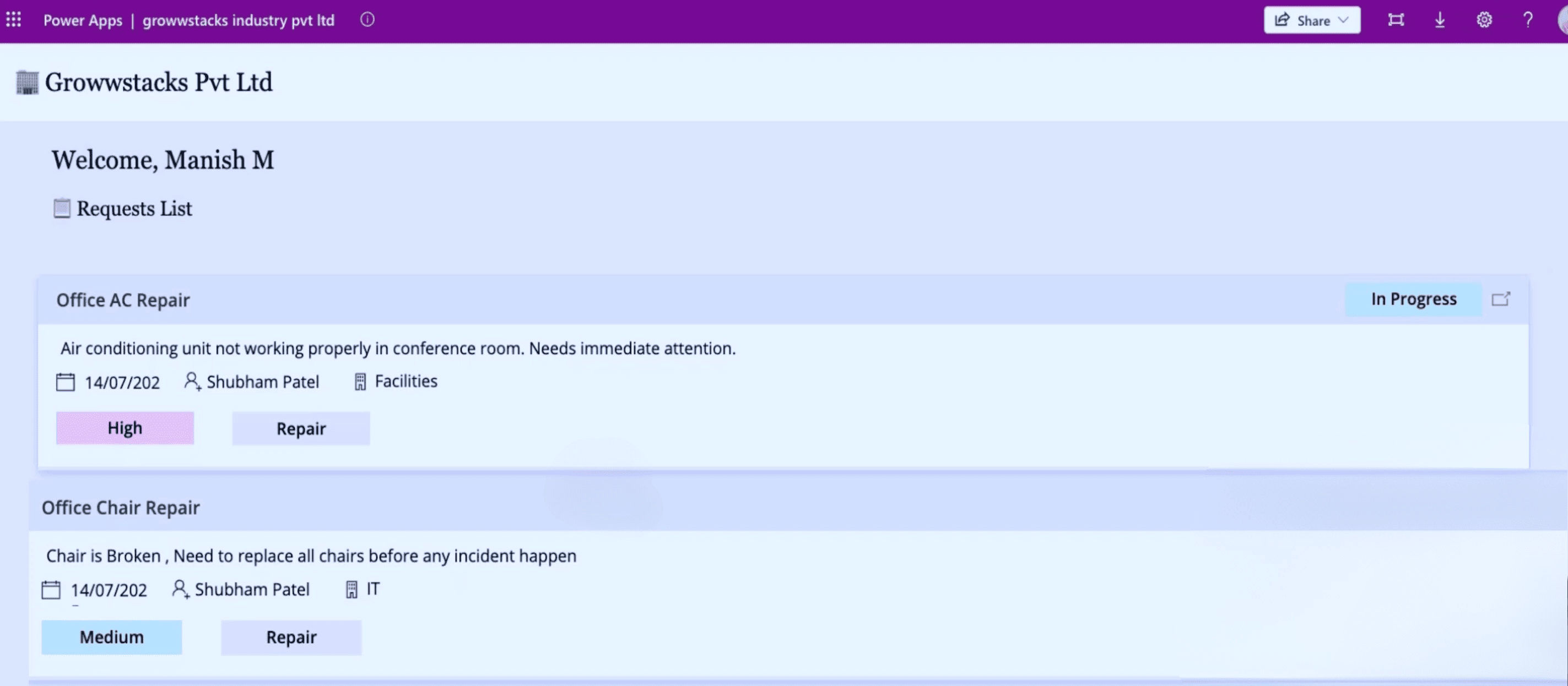 Power Apps request submission form showing category selection with facility, IT, and administrative options alongside description, location, urgency, and attachment fields for structured support request capture