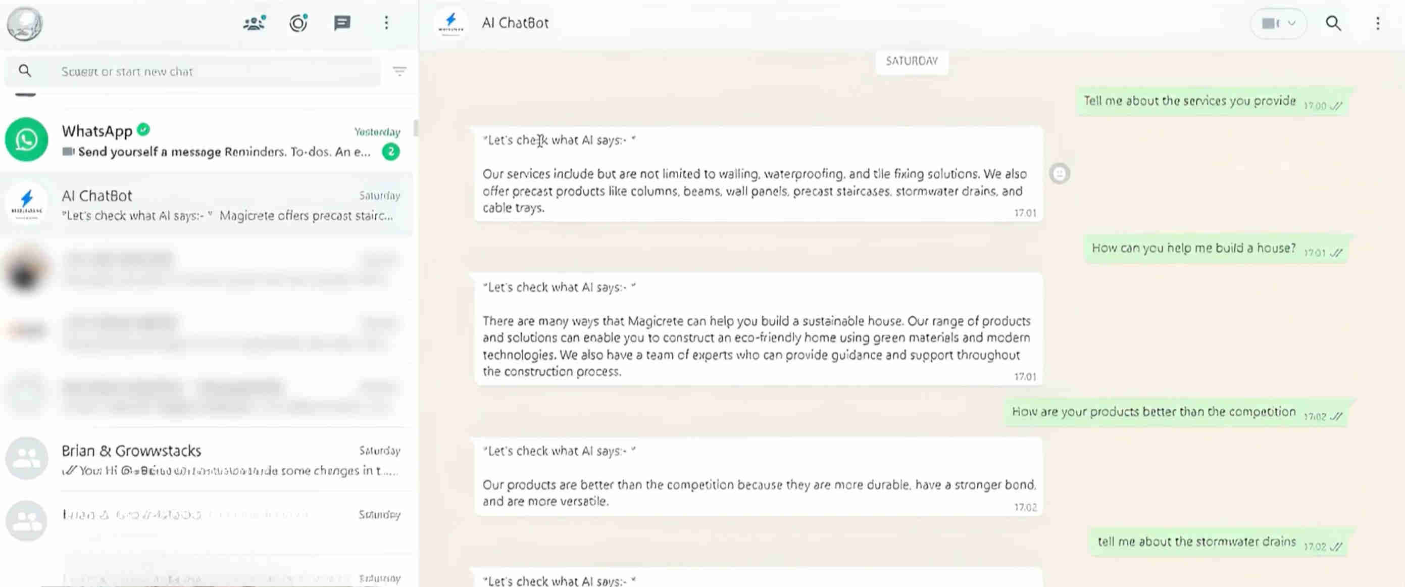 WhatsApp chatbot conversation showing a customer asking a product-specific question and receiving an accurate, contextually aware AI-generated response that references their previous conversation history — demonstrating the company-trained ChatGPT answering within seconds via WhatsApp Business API