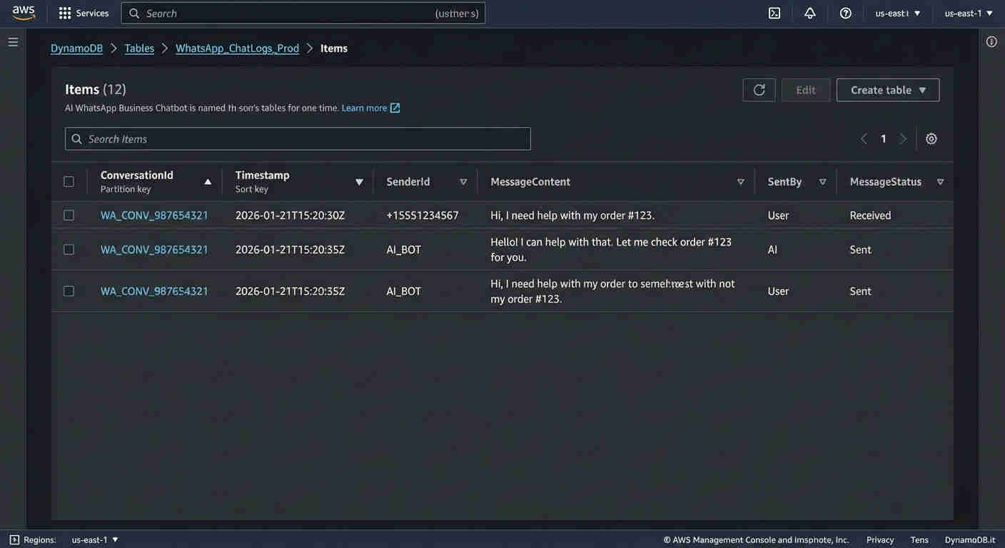 Conversation history database showing customer message threads with WhatsApp phone number as the lookup key, timestamped message records, customer queries, AI-generated responses, and session tracking — the persistent memory layer enabling contextual follow-up responses