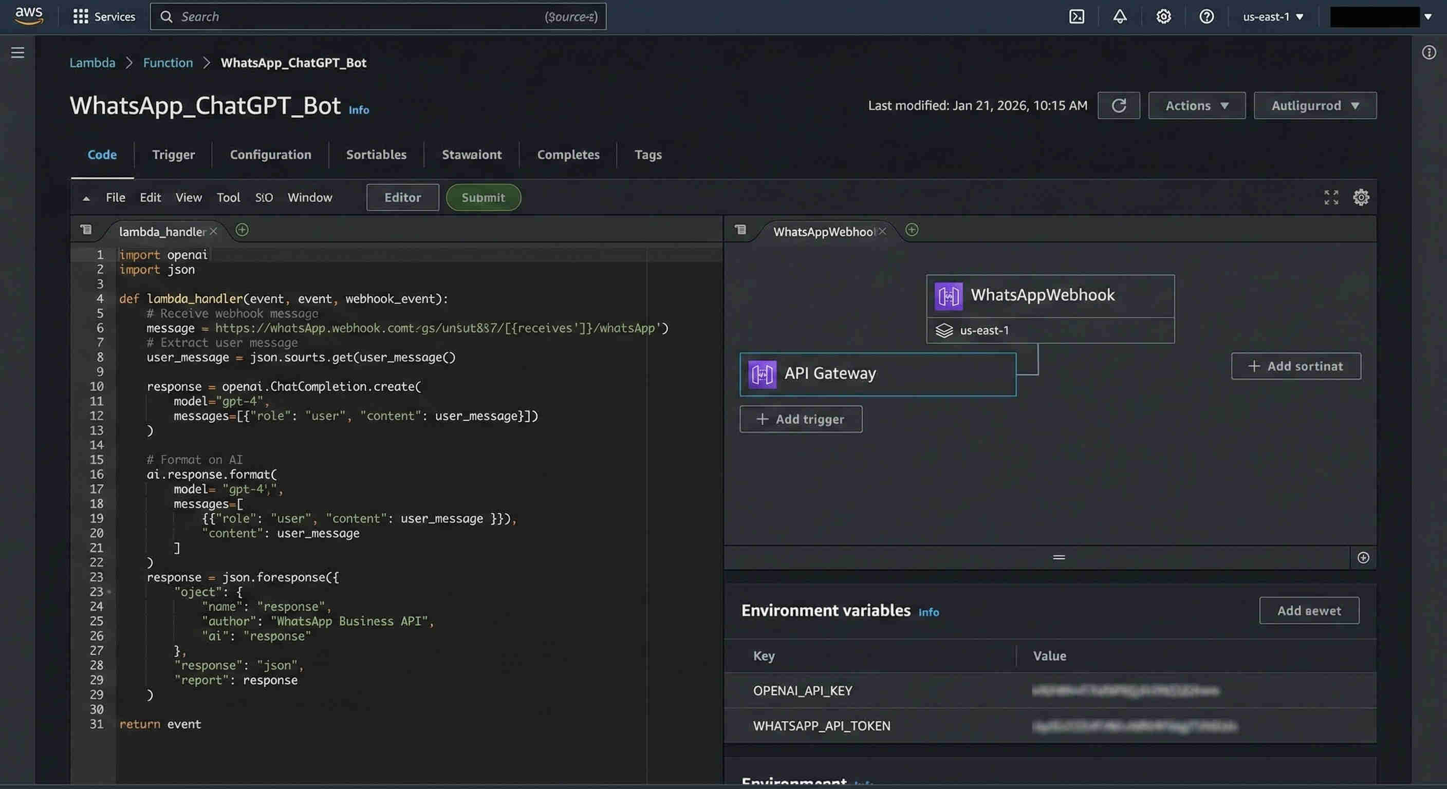 AWS Lambda ChatGPT deployment showing the serverless function configuration with company knowledge base data injection, system prompt engineering, ChatGPT API integration, and Lambda function settings for automatic scaling of the WhatsApp chatbot AI