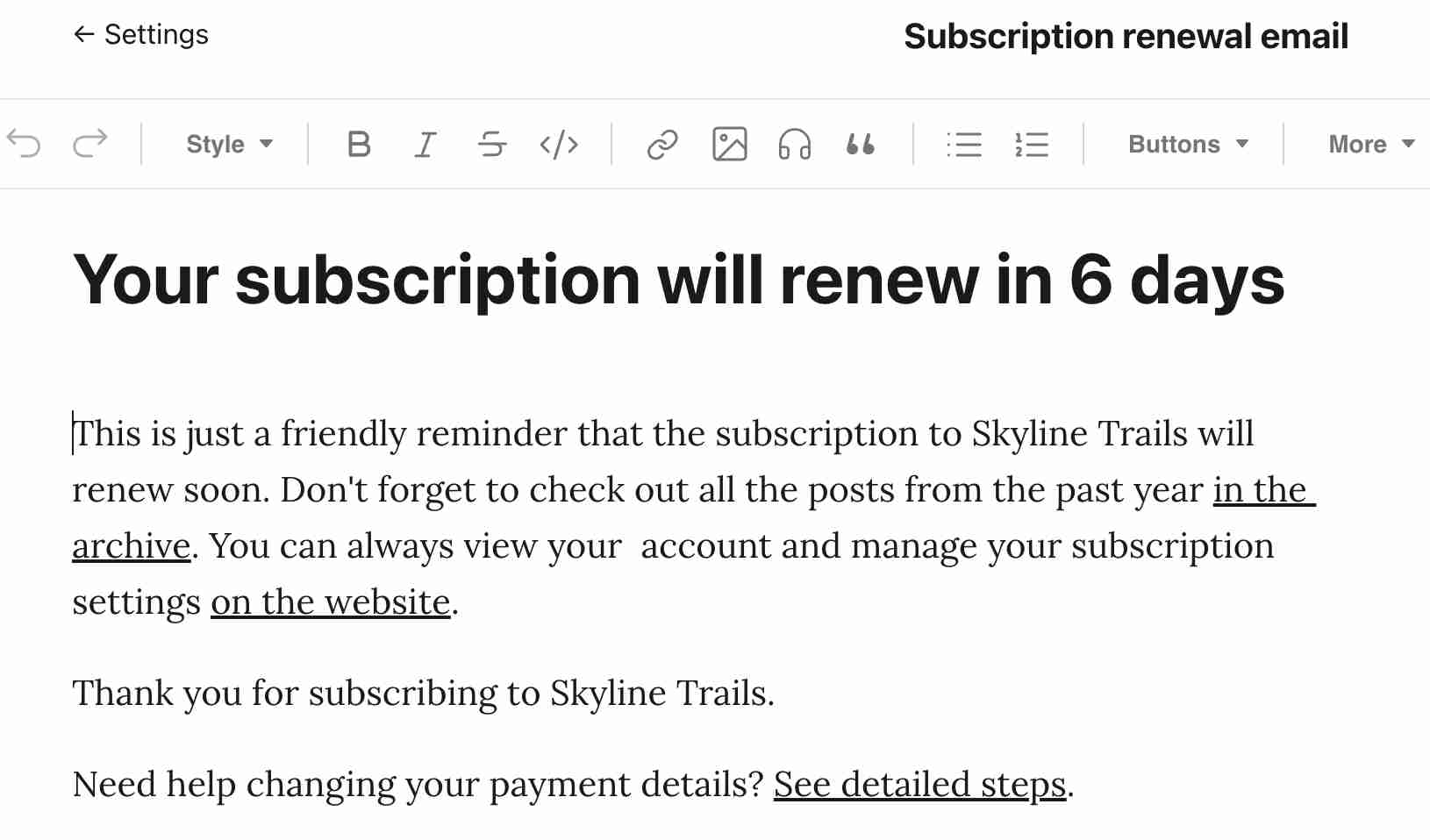 Renewal reminder email examples showing the three-stage sequence — 30-day informational reminder, 14-day gentle urgency reminder, and 3-day urgent reminder — each personalised with customer name, product name, expiration date, and renewal link, with discontinued product substitution variant