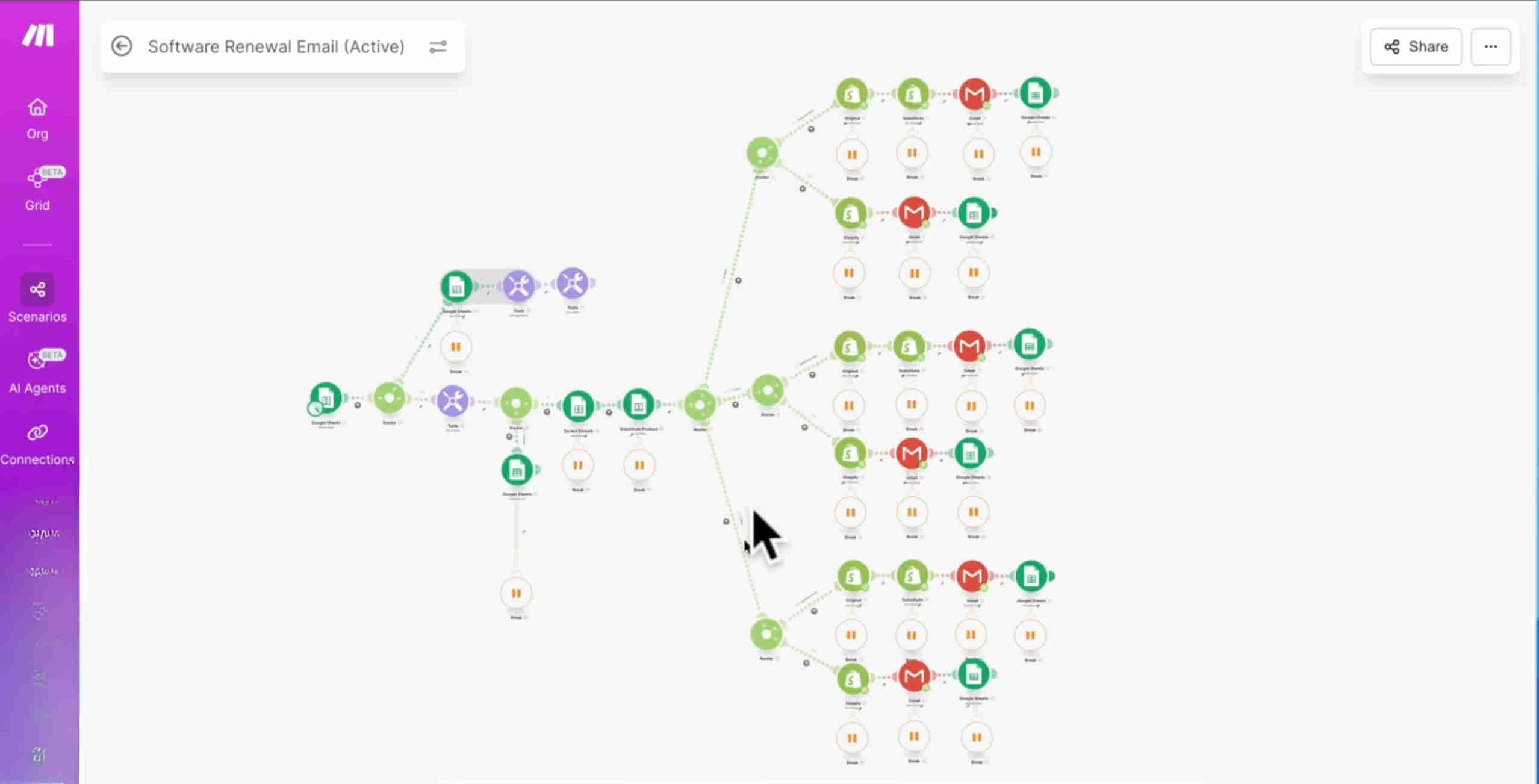 Make.com multi-stage routing workflow showing the three-branch router for 30/14/3-day expiration windows, high-volume customer exception condition, opt-out compliance check, discontinued product substitution logic, and Gmail delivery modules with Google Sheets status update