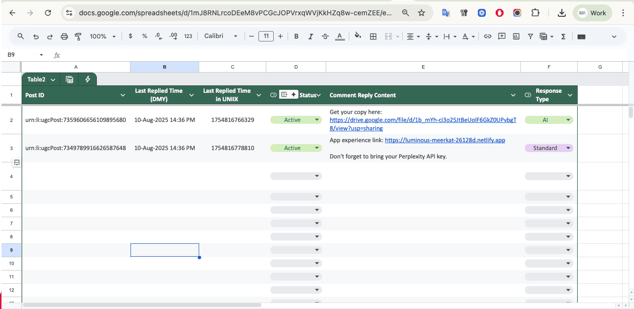 Google Sheets Post Master dashboard showing LinkedIn post IDs, active/inactive status toggles, and automated reply message configuration