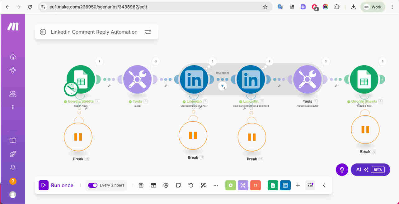 Make.com automation workflow showing LinkedIn comment monitoring, filter logic, delay module, reply posting, and Google Sheets logging nodes