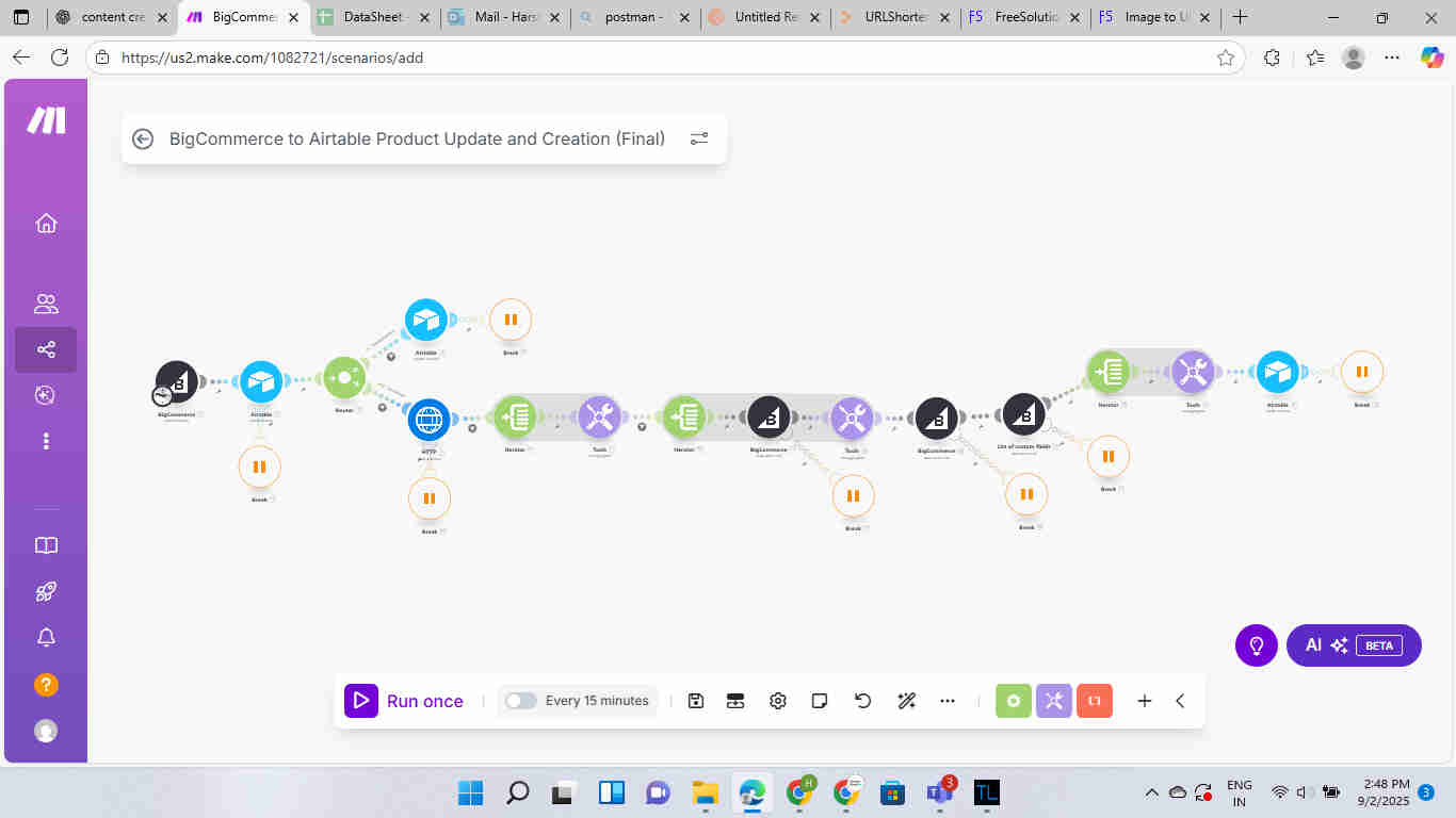 Make.com automation workflow for BigCommerce to Airtable data synchronization