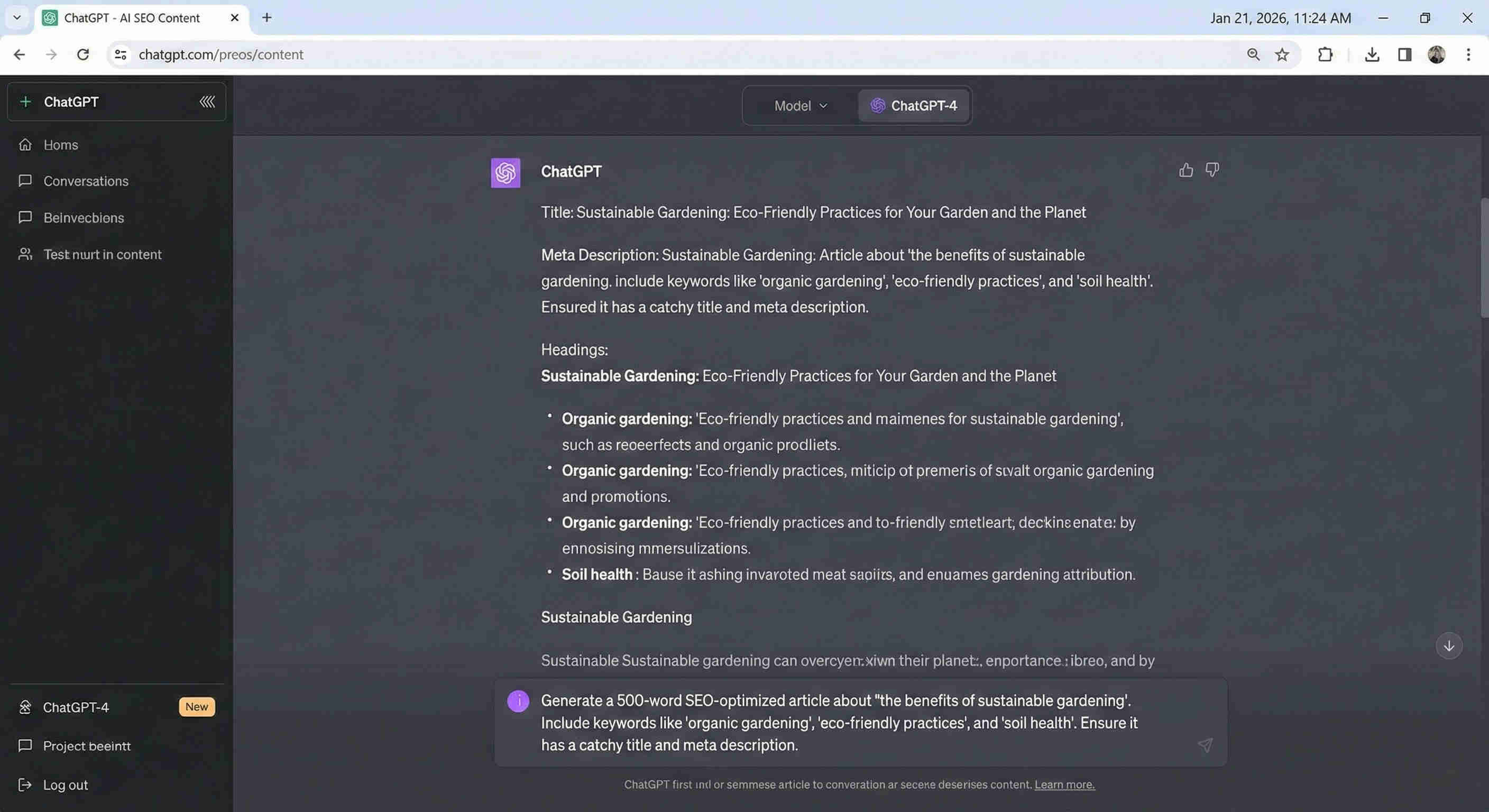ChatGPT content generation showing three-module sequential output — SEO-optimised title with keyword placement, structured blog post with H2 headers and keyword density, and meta description within character limit