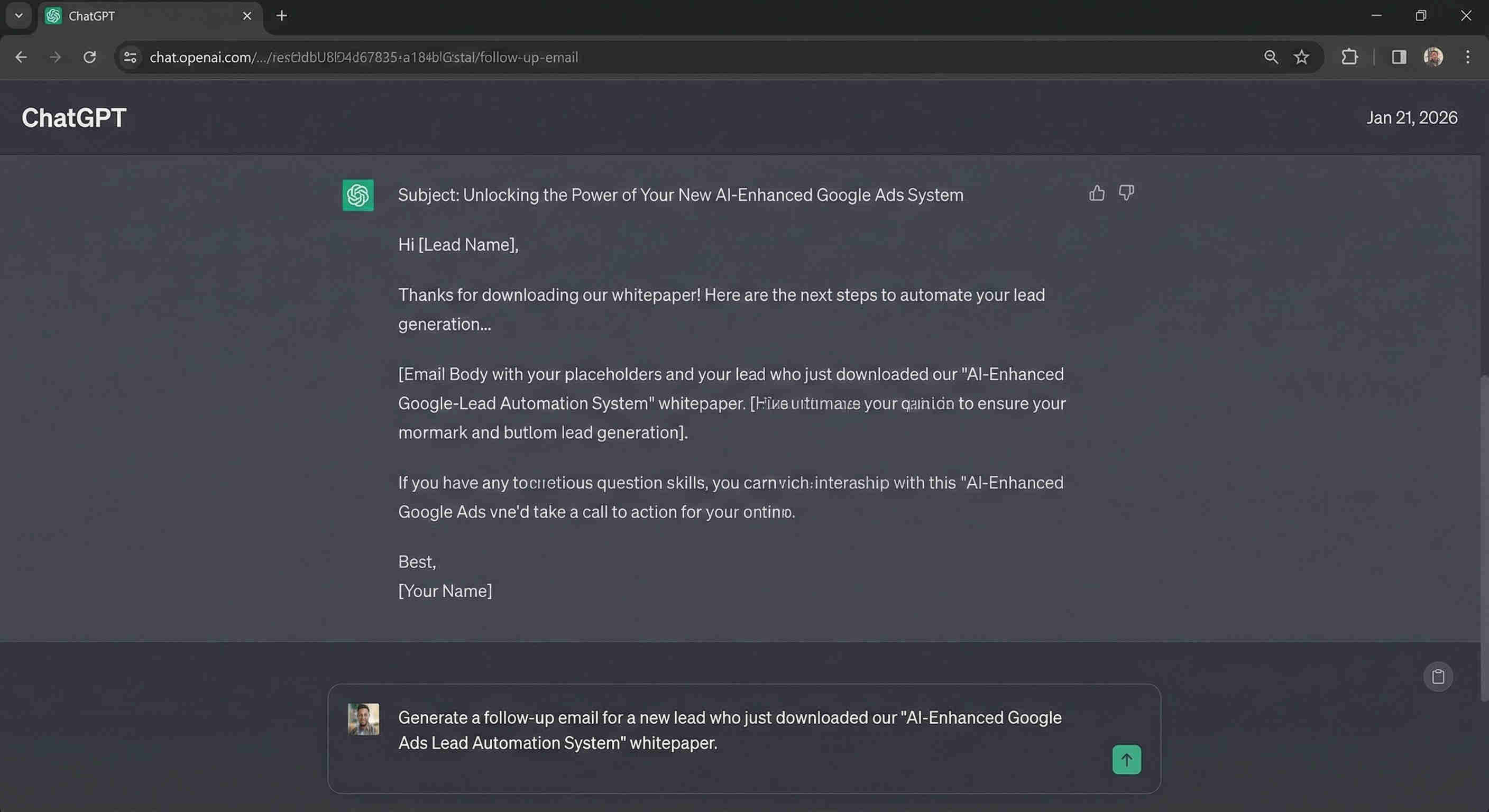 ChatGPT email generation showing the AI-written personalised email response for a Google Ads lead enquiry — demonstrating the contextually specific content that addresses the prospect's actual enquiry rather than sending a generic acknowledgement template