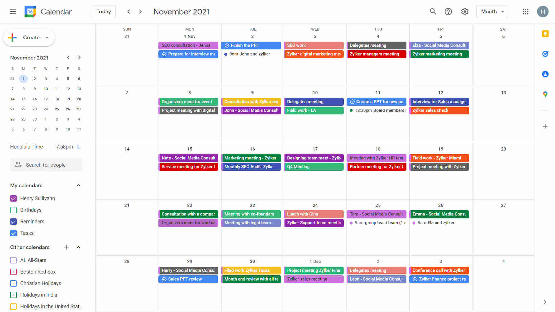 Google Calendar showing confirmed appointment event automatically created by AI receptionist with customer name, contact details, booking purpose, and AI-generated notes