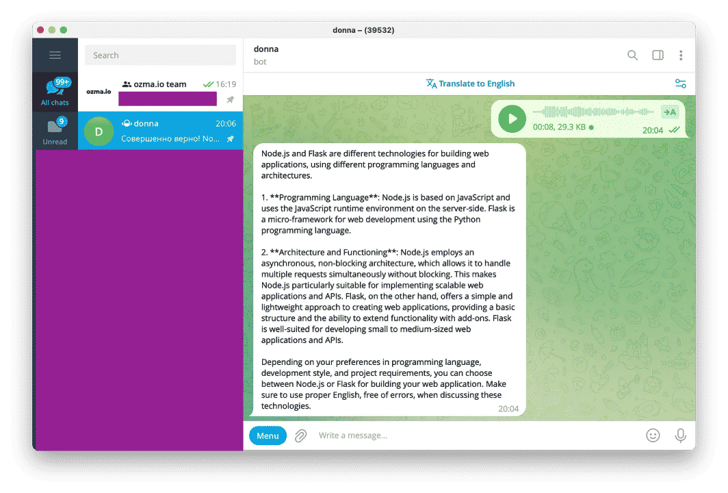 Audio translation result showing OpenAI Whisper transcribing and translating an uploaded audio file directly in Telegram conversation with full translated transcript