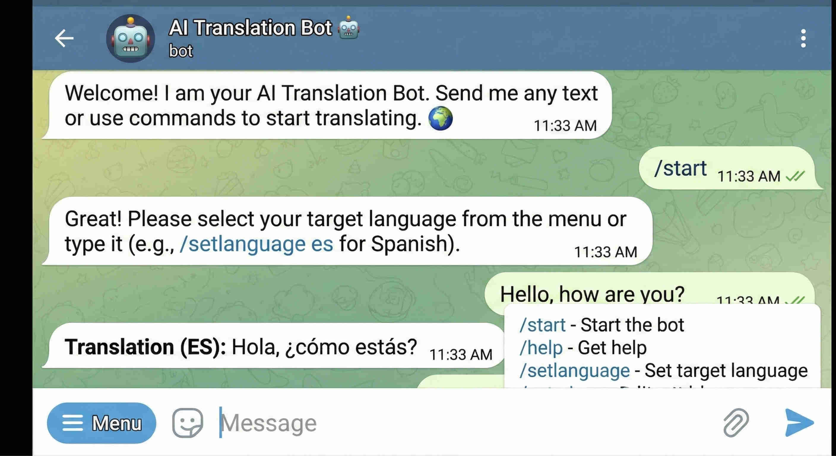 Telegram bot interface showing translation conversation flow with user sending text message and receiving translated result within seconds