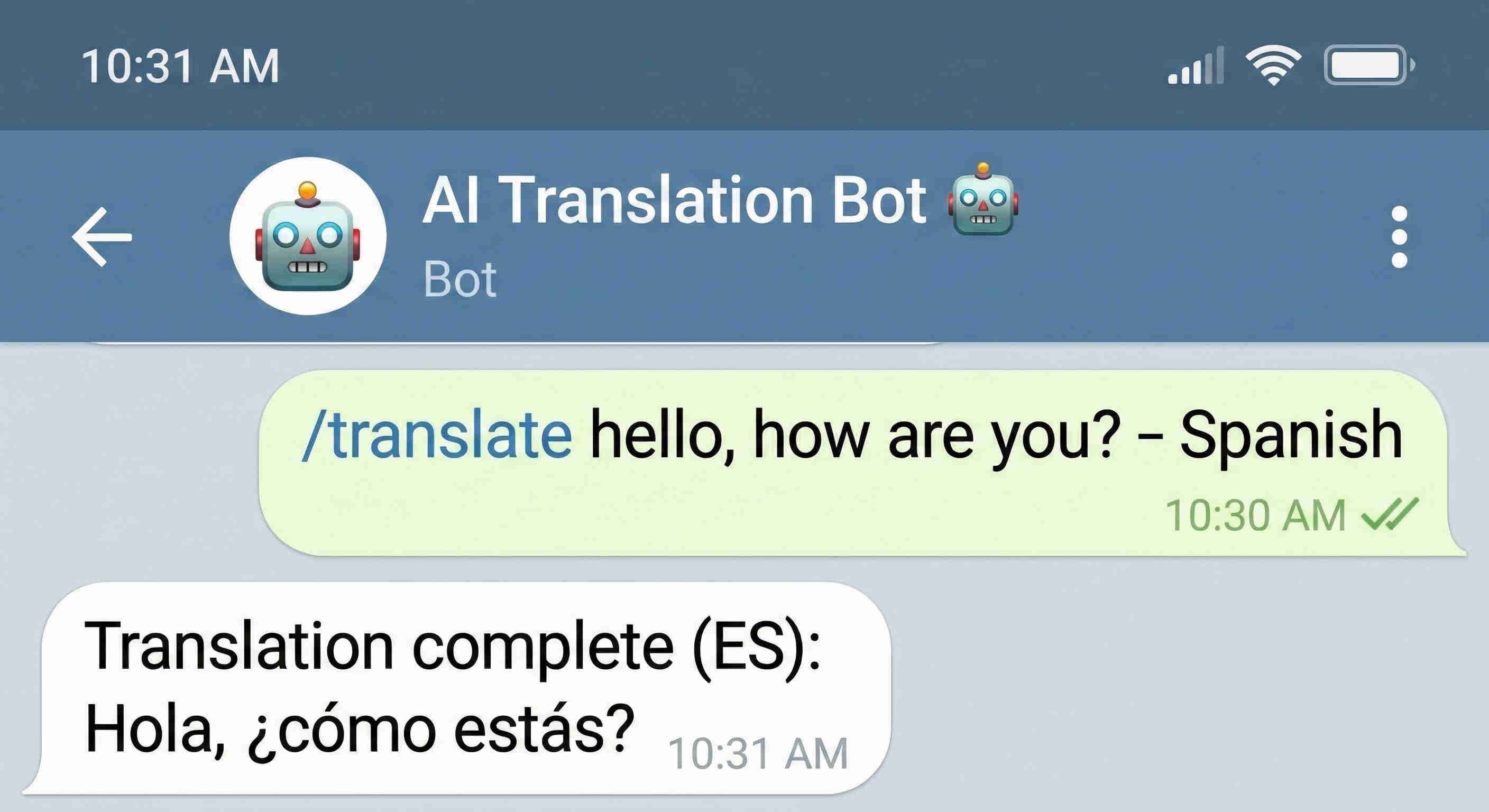 Text translation example showing ChatGPT accurately translating a message between languages inside Telegram with context and tone preserved