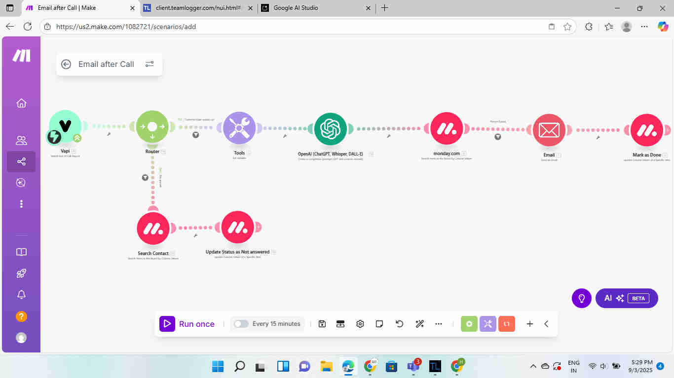 Lead scraping workflow showing three-scenario Make.com orchestration from Outreach lead extraction to Google Sheets database to Monday.com CRM transfer with VAPI call trigger