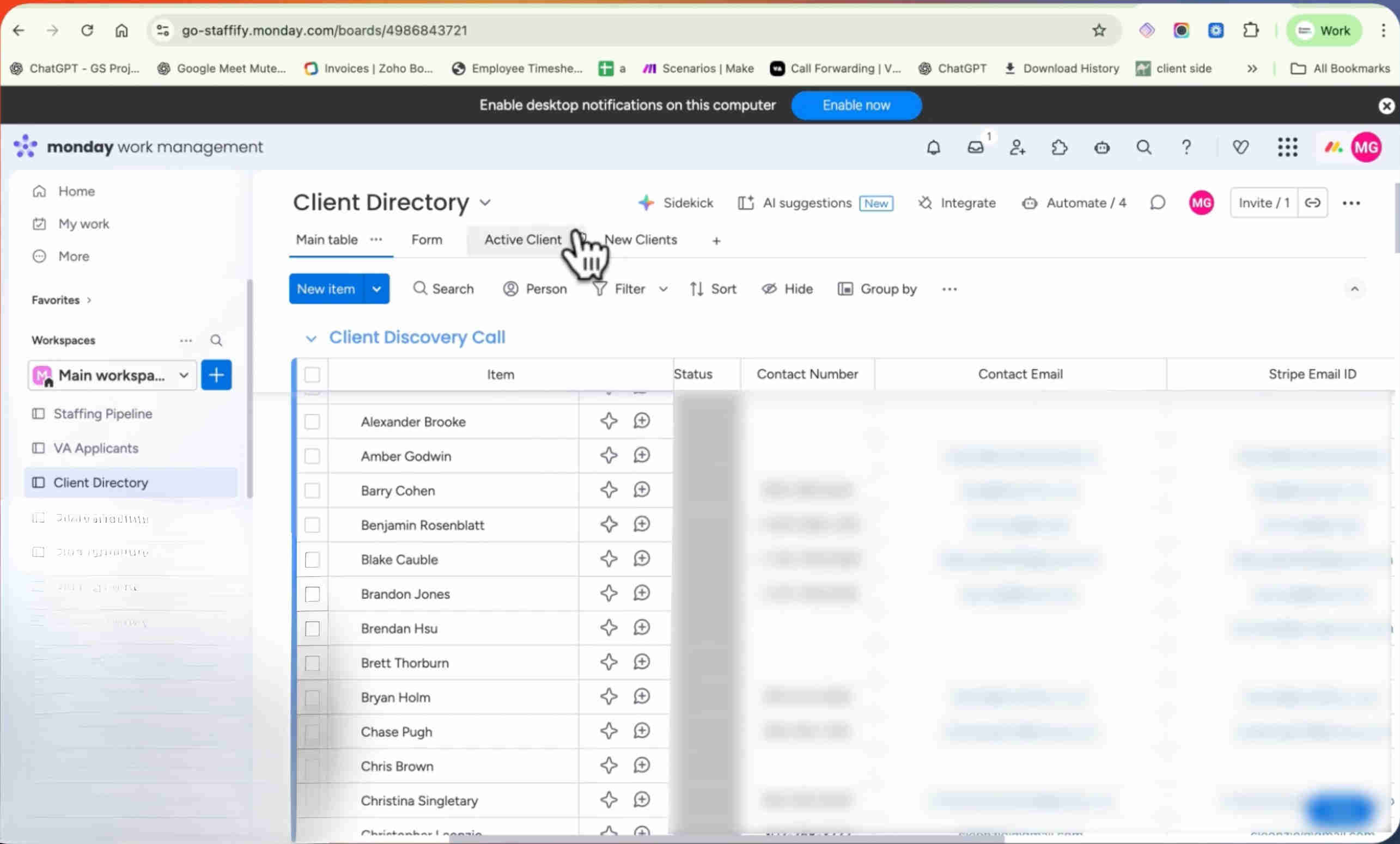 Monday.com CRM board showing contact items with phone numbers, emails, business names, and status fields automatically updated by the AI sales follow-up system