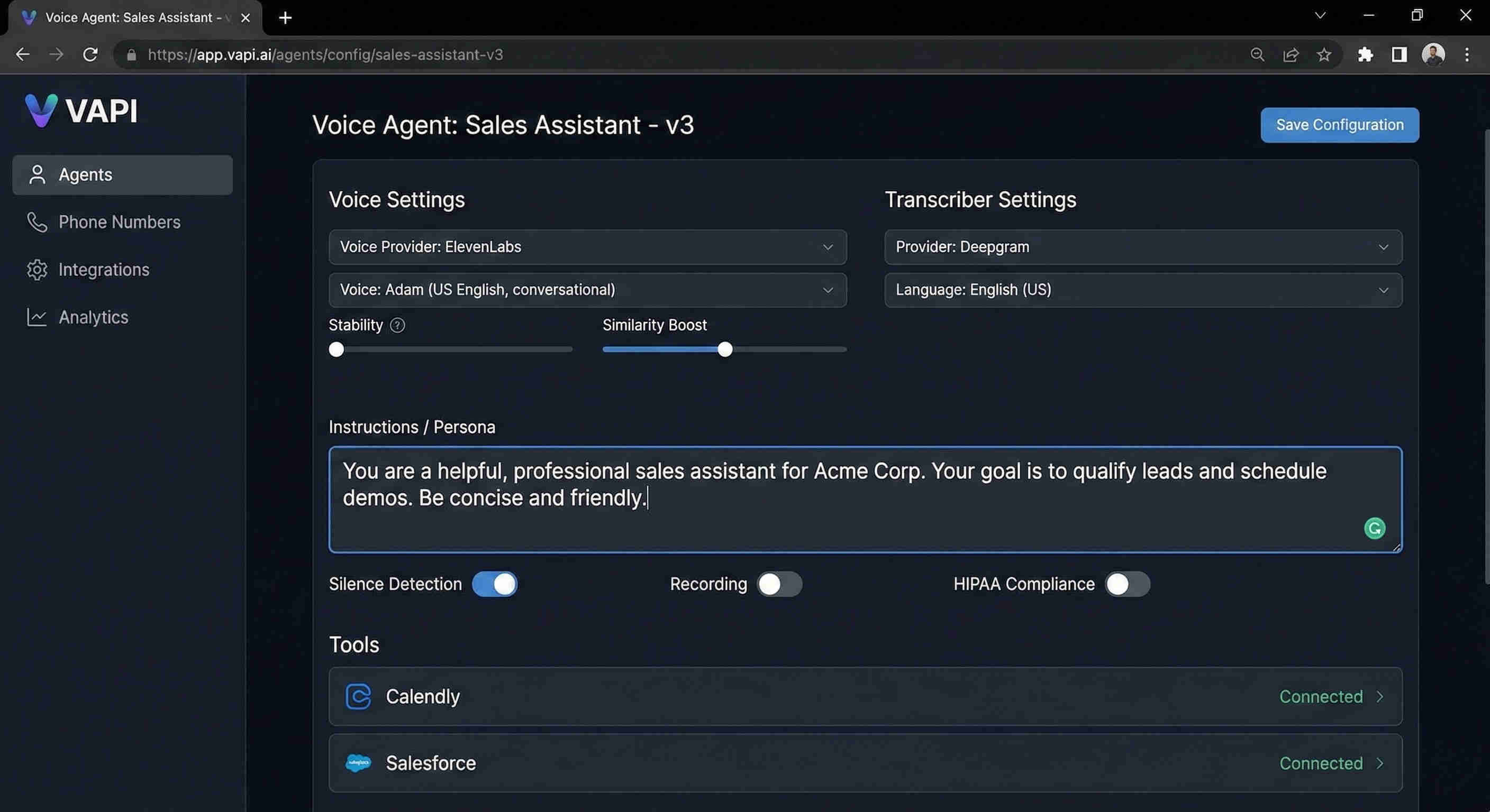 VAPI voice agent configuration panel showing AI sales agent personality, discovery conversation flow, qualification prompts, and end-of-call reporting webhook settings