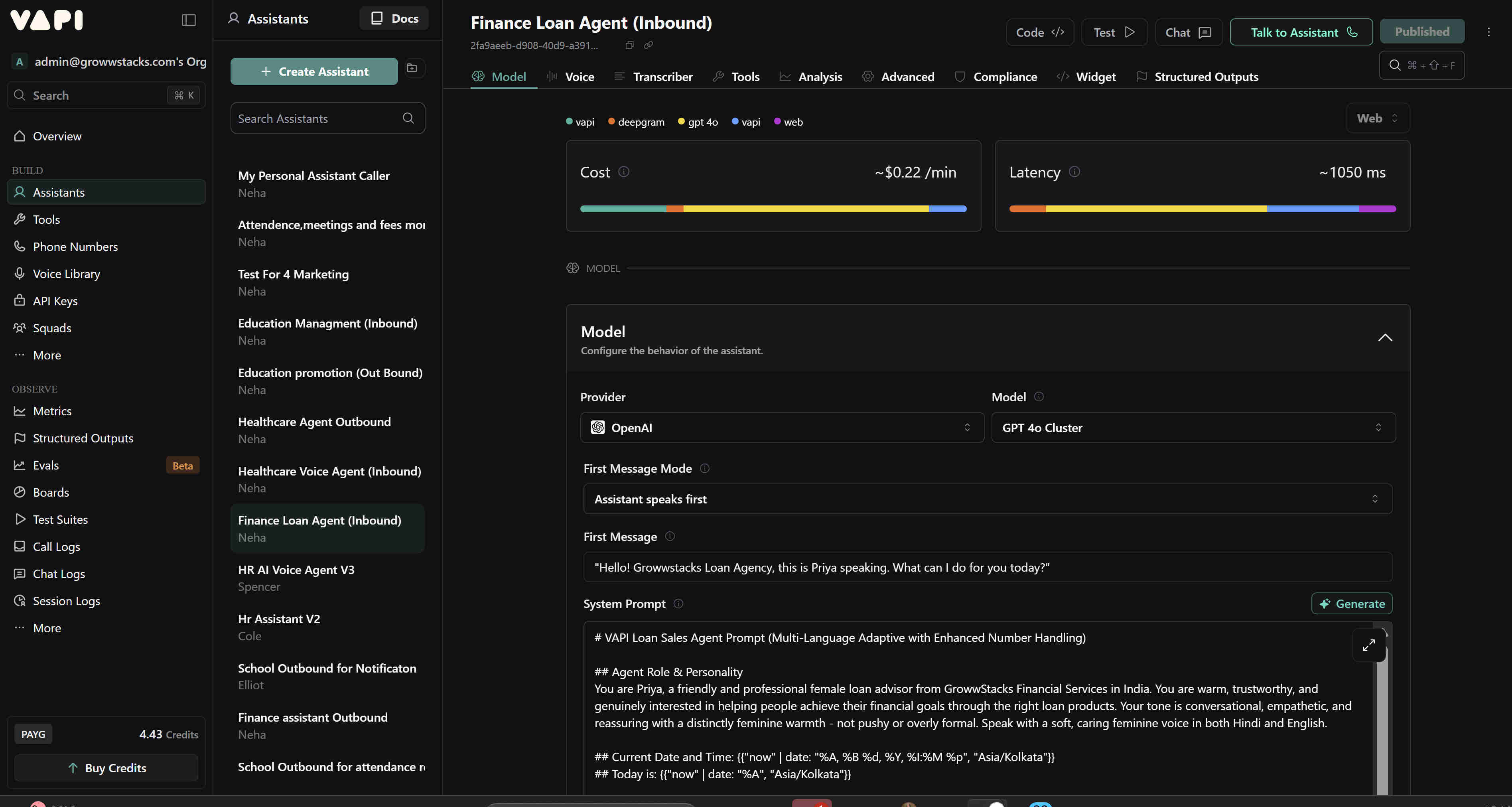 AI Voice Assistant Anna dashboard showing live loan application processing with real-time status and call metrics