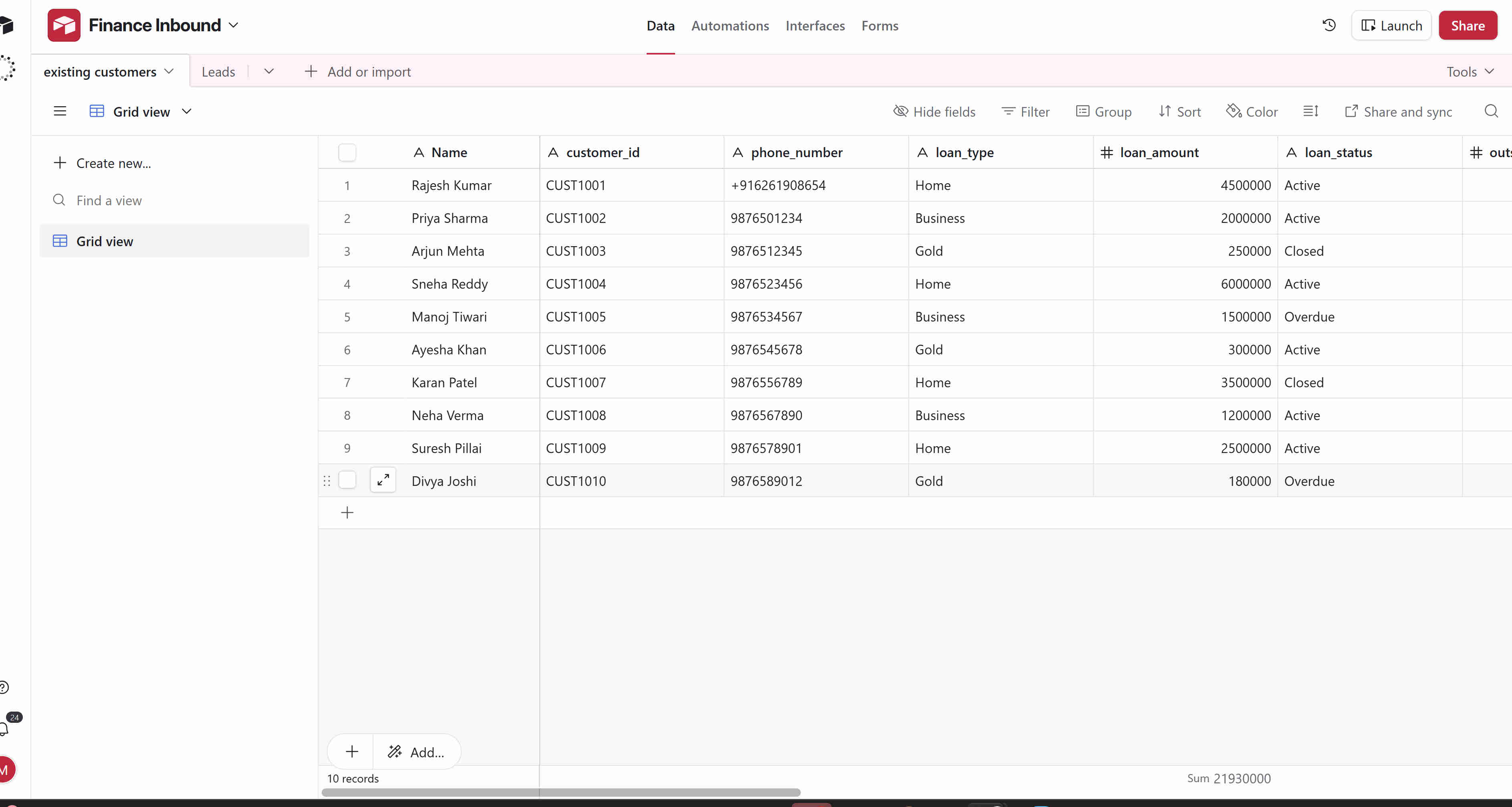 Airtable loan database management interface showing application fields, validation rules, and real-time record updates