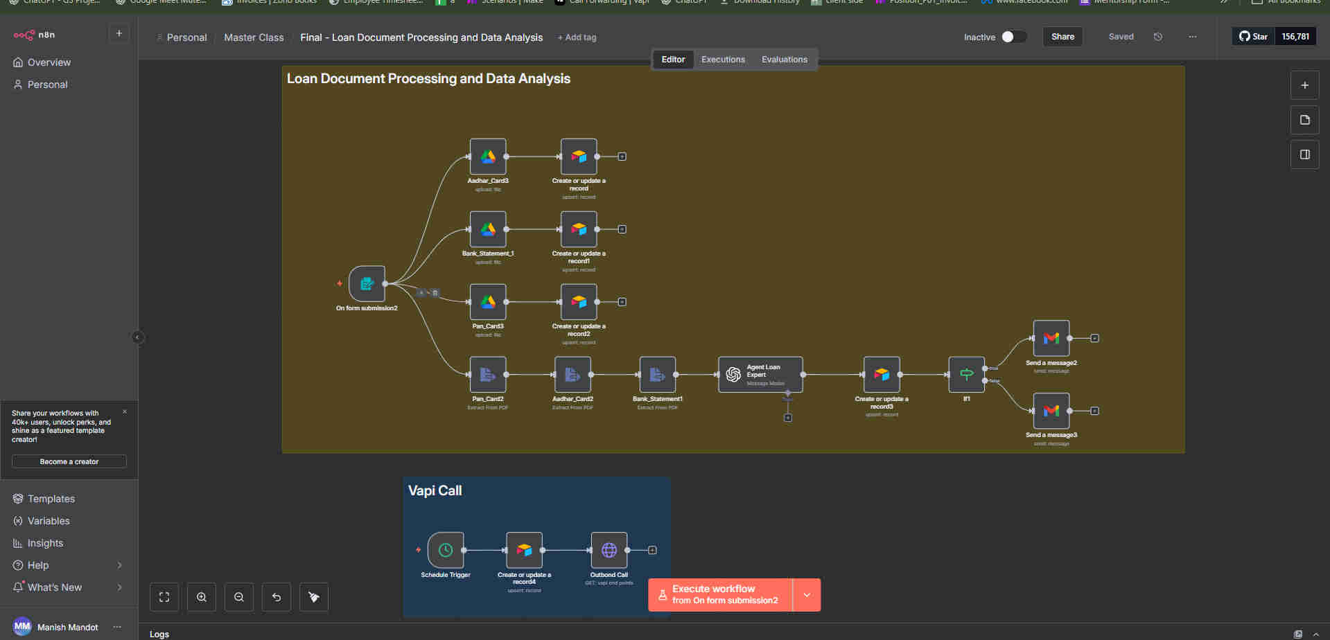 n8n workflow automation setup showing loan application routing logic with conditional branches and CRM integration nodes