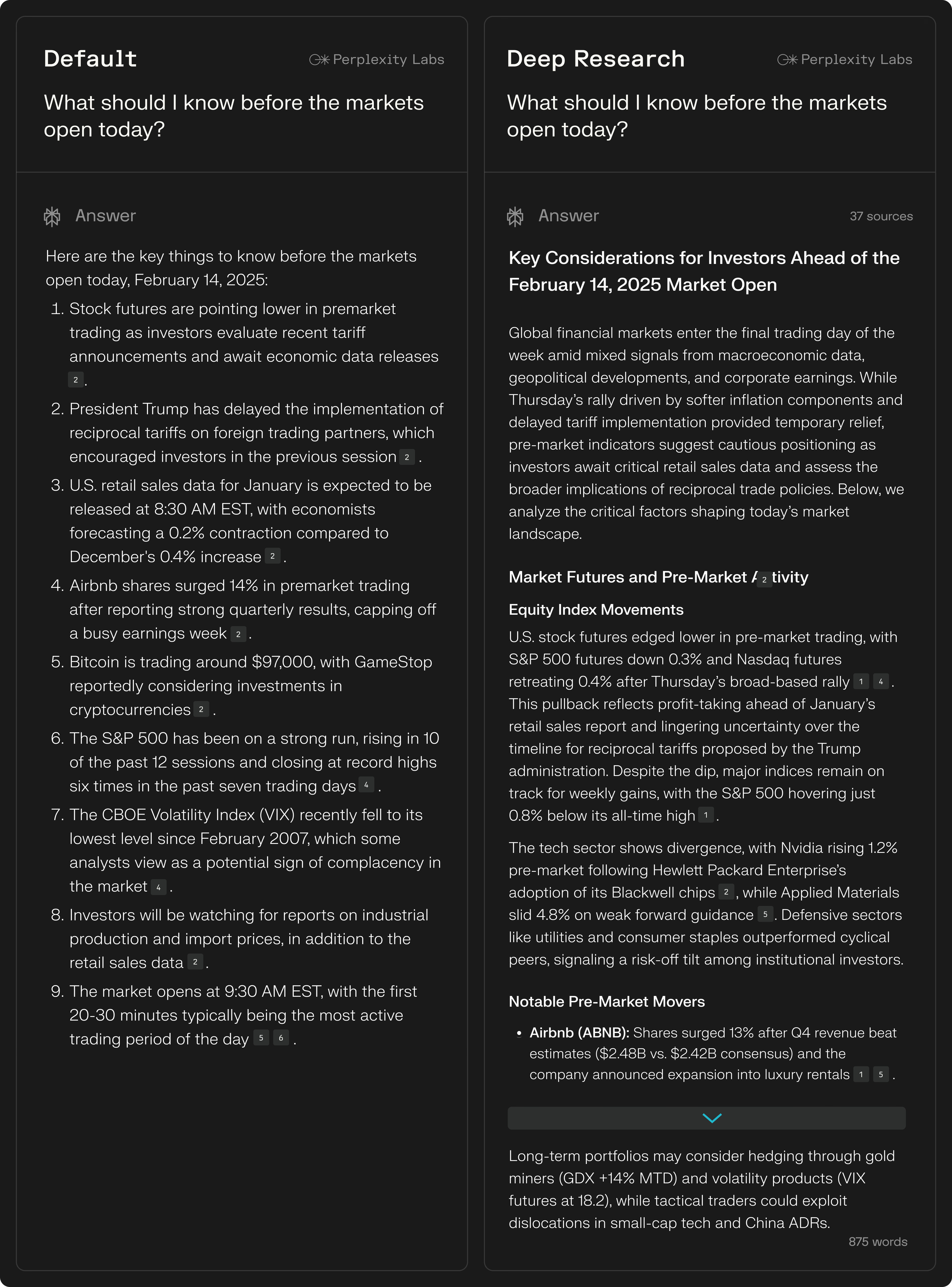 Perplexity AI web research interface showing comprehensive search results for a market intelligence query with current news articles, source citations, and relevant market data returned for ChatGPT summarisation