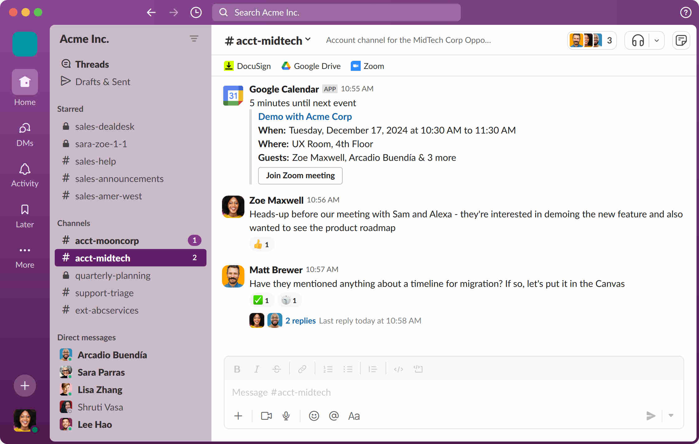 Slack channel showing formatted intelligence brief delivered automatically with executive summary, key insights, and source citations posted in response to a team research query