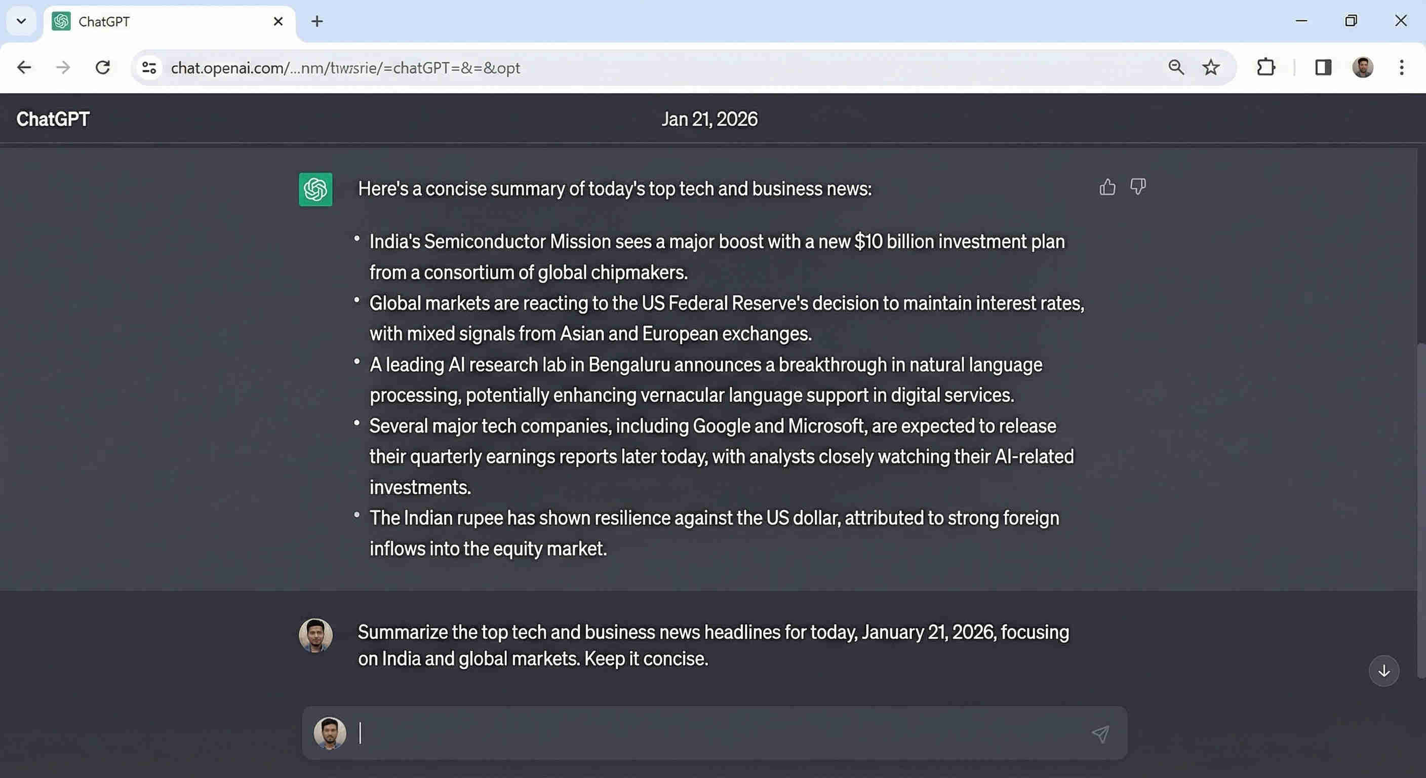 ChatGPT executive summary generation showing structured intelligence brief with high-level overview, key data points, business implications, and recommended actions generated from Perplexity AI research findings