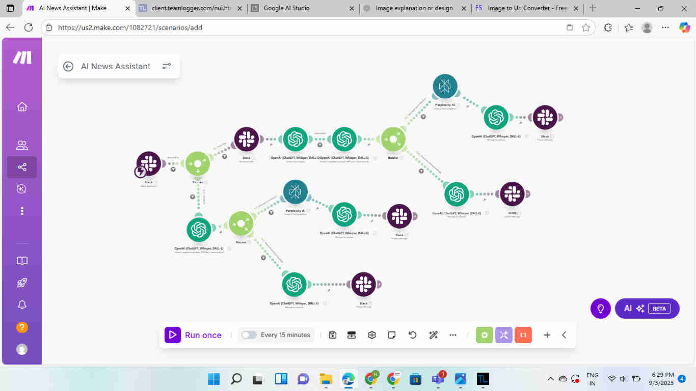 Make.com automation workflow showing Slack query capture, audio transcription, ChatGPT knowledge base check with intelligent routing to existing knowledge or fresh Perplexity AI research, summarization, and Slack delivery