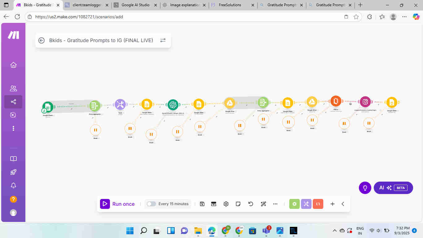 Make.com complete workflow orchestration showing all automation nodes from Google Sheets trigger through ChatGPT content generation, DALL-E image creation, Google Slides assembly, PDF conversion, and Instagram publishing