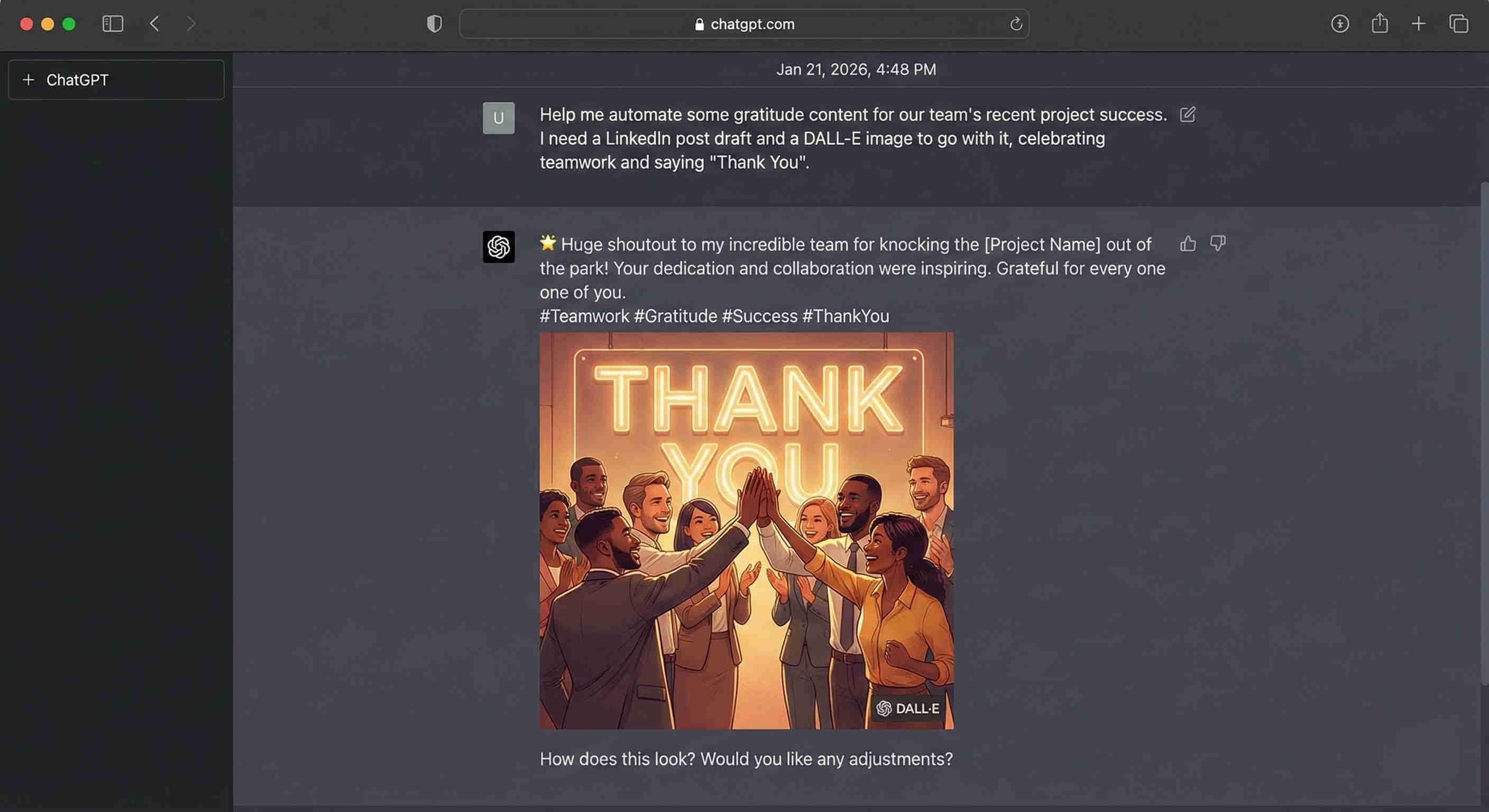 ChatGPT and DALL-E generation interface showing personalized gratitude content text and AI-generated matching image produced simultaneously from a single prompt