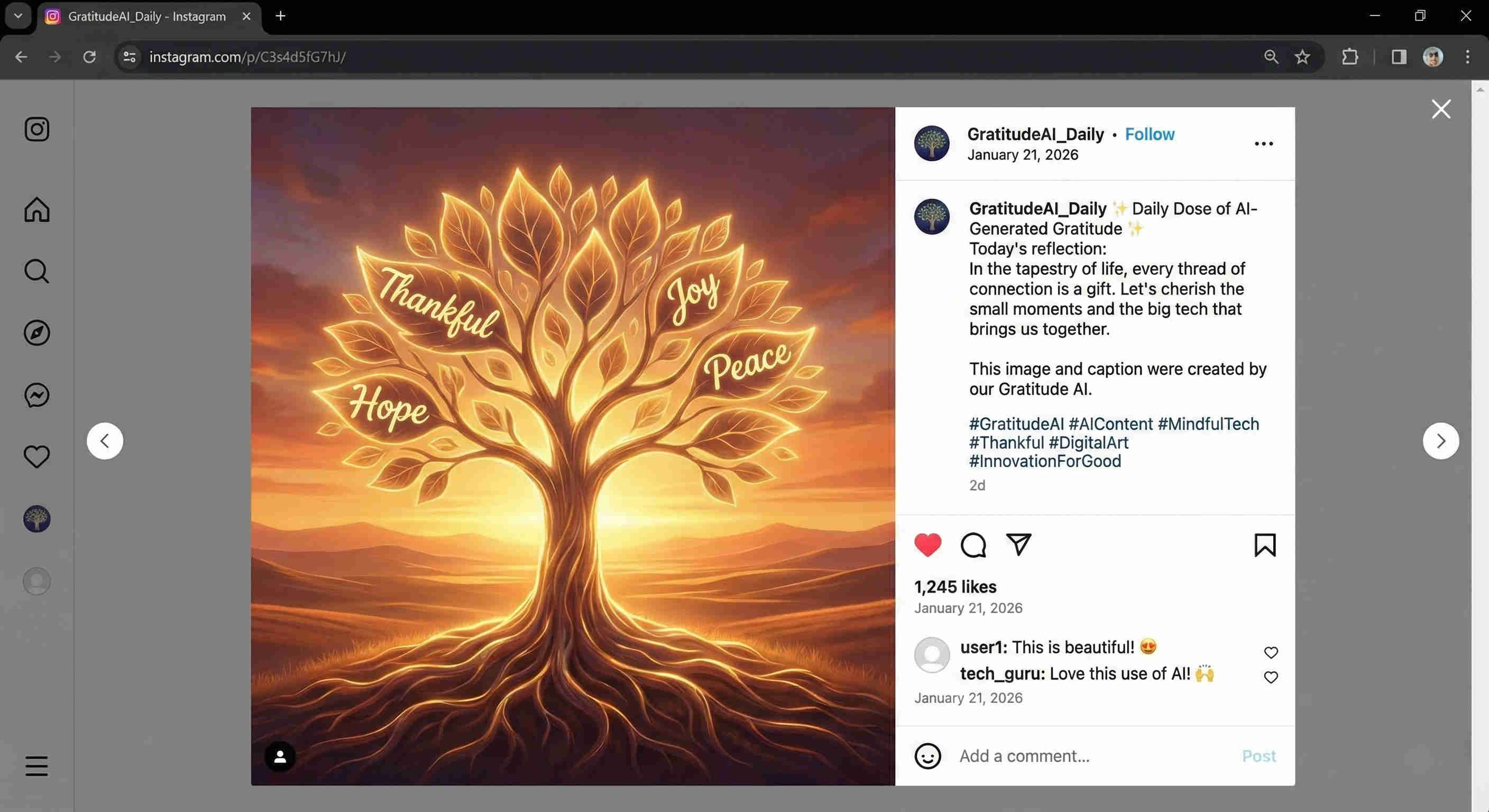 Instagram feed showing automatically published gratitude posts with AI-generated images and captions, demonstrating consistent visual branding and posting cadence