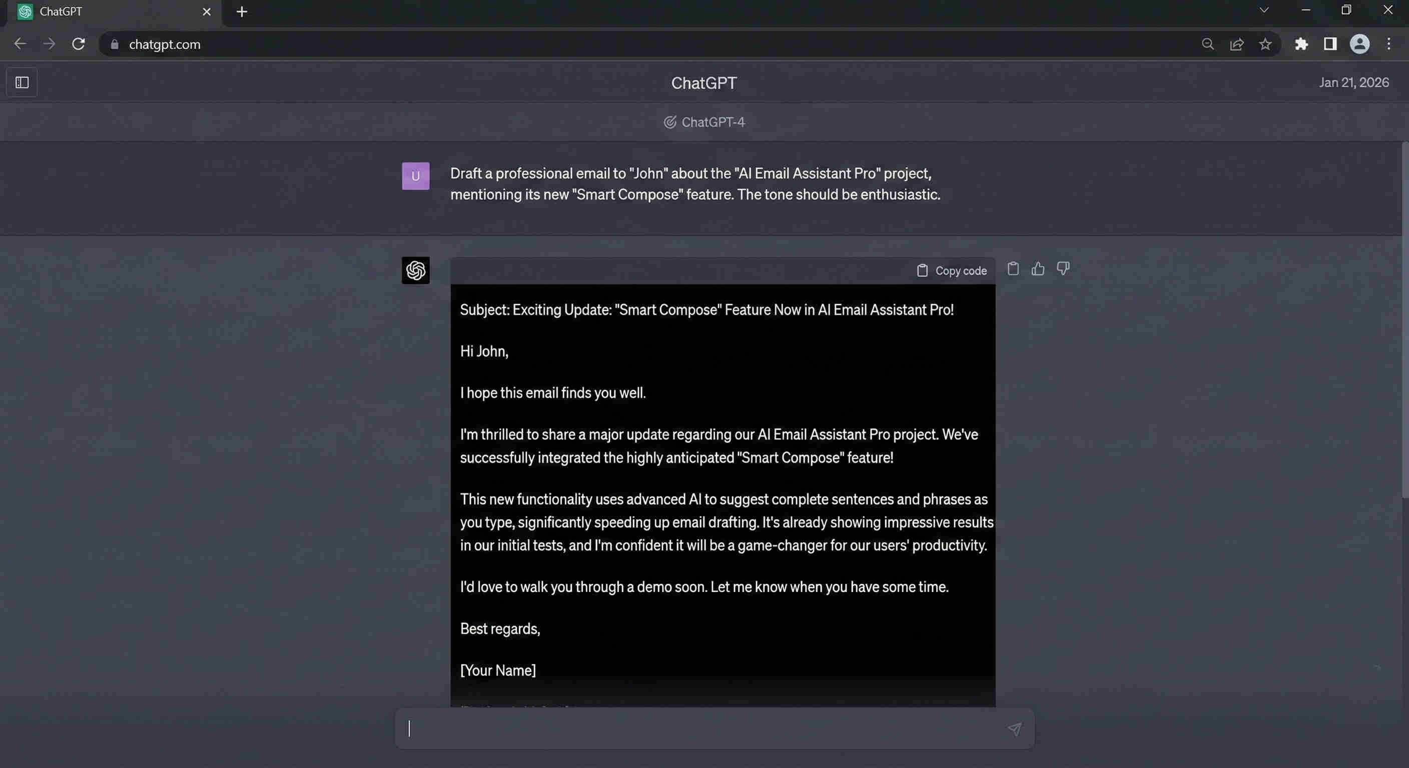 ChatGPT draft reply generation showing a business-trained AI Assistant producing a contextual professional reply addressing the customer's specific inquiry with accurate company information