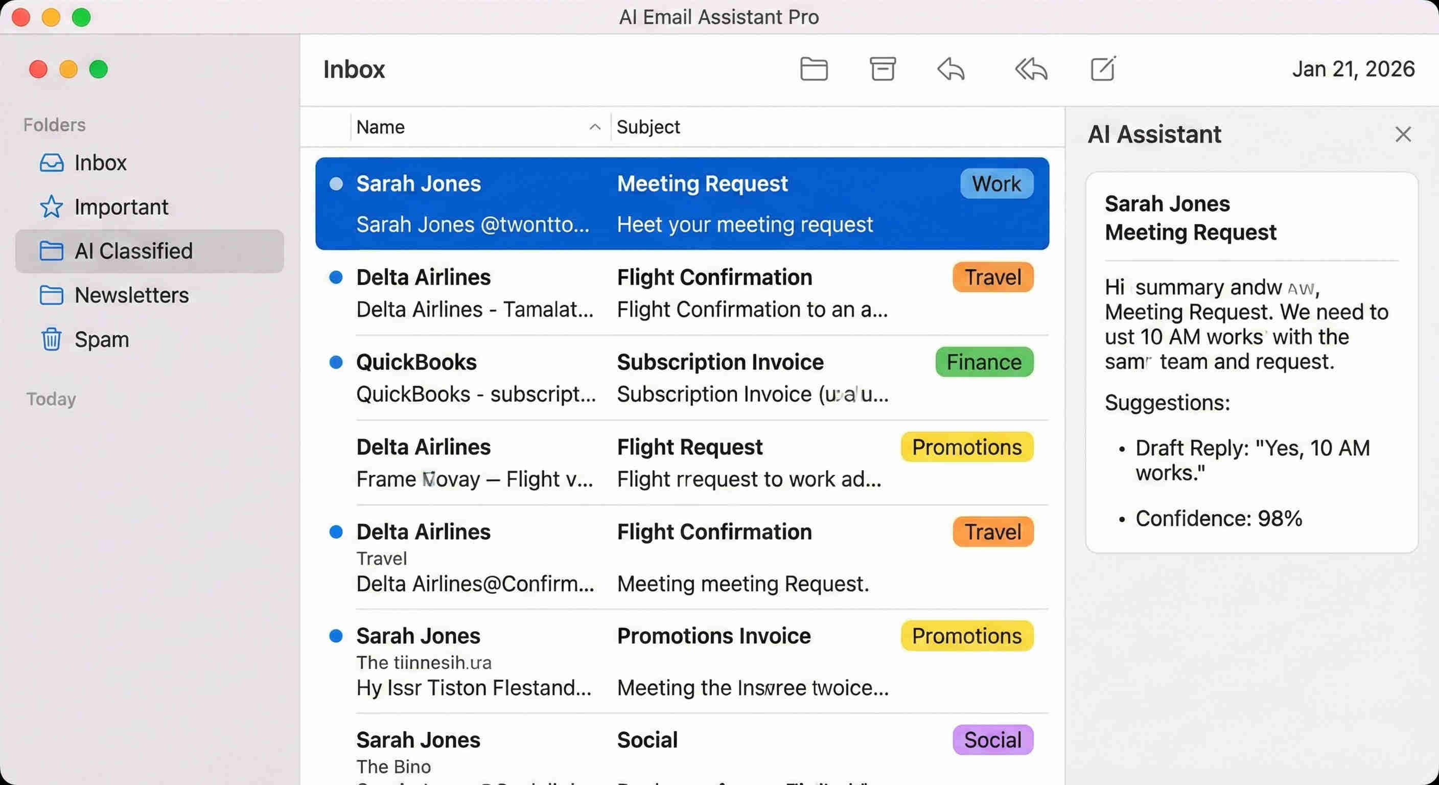 AI email classification interface showing incoming emails being categorised into requires reply, junk, professional, and promotional routing paths with intelligent content analysis