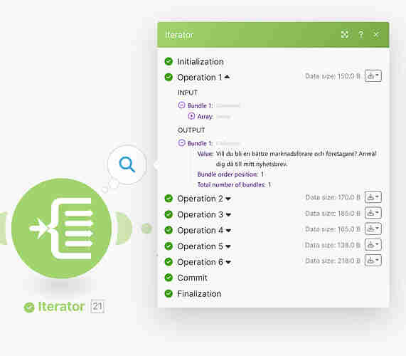 Iterator bulk processing module in Make.com showing multiple Google Sheets rows split into individual processing instances for independent AI analysis at scale