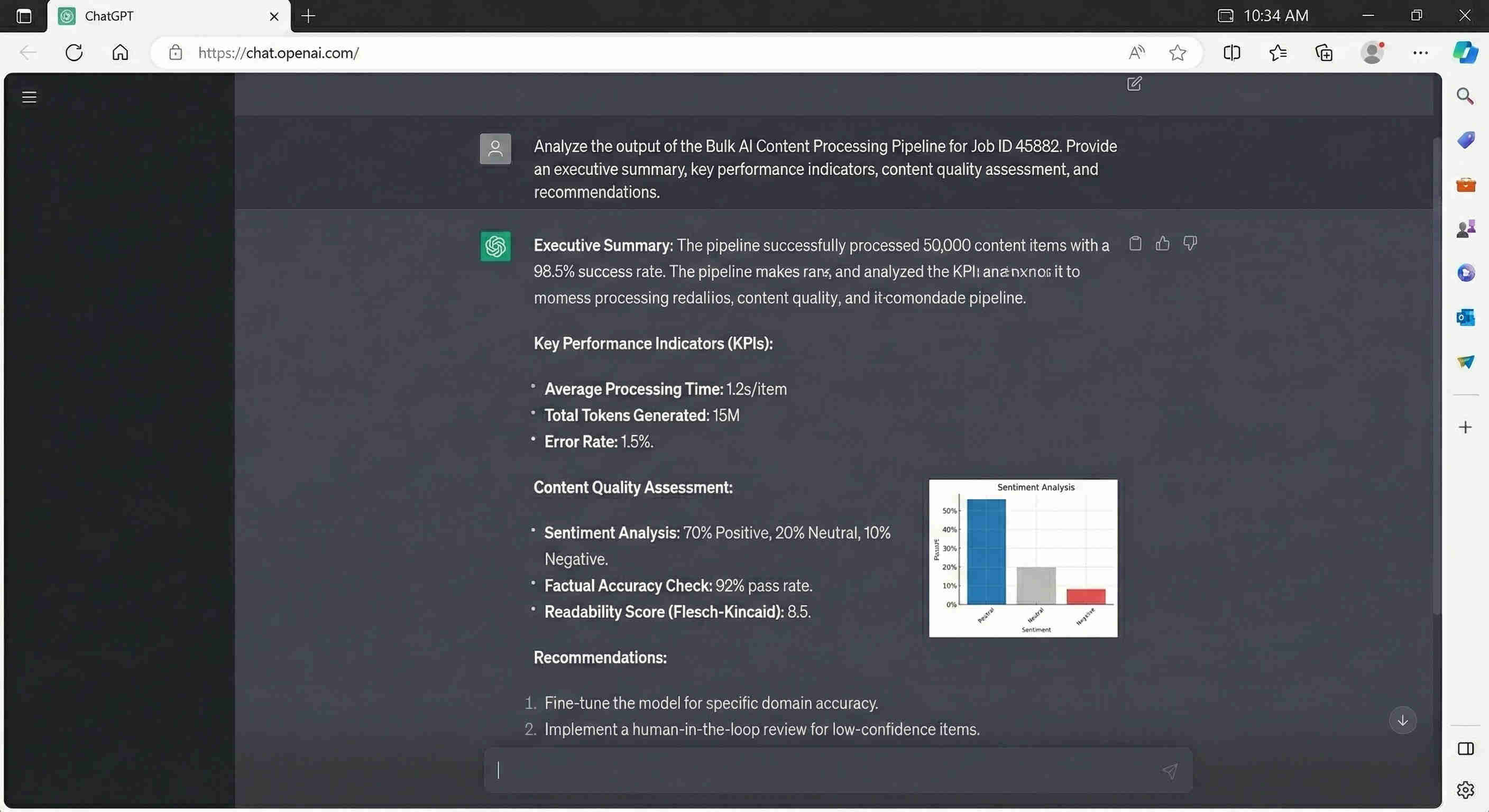 ChatGPT analysis output showing five-dimensional results for a content item including processed text, category classification, extracted tags, concise summary, and specific actionable insights
