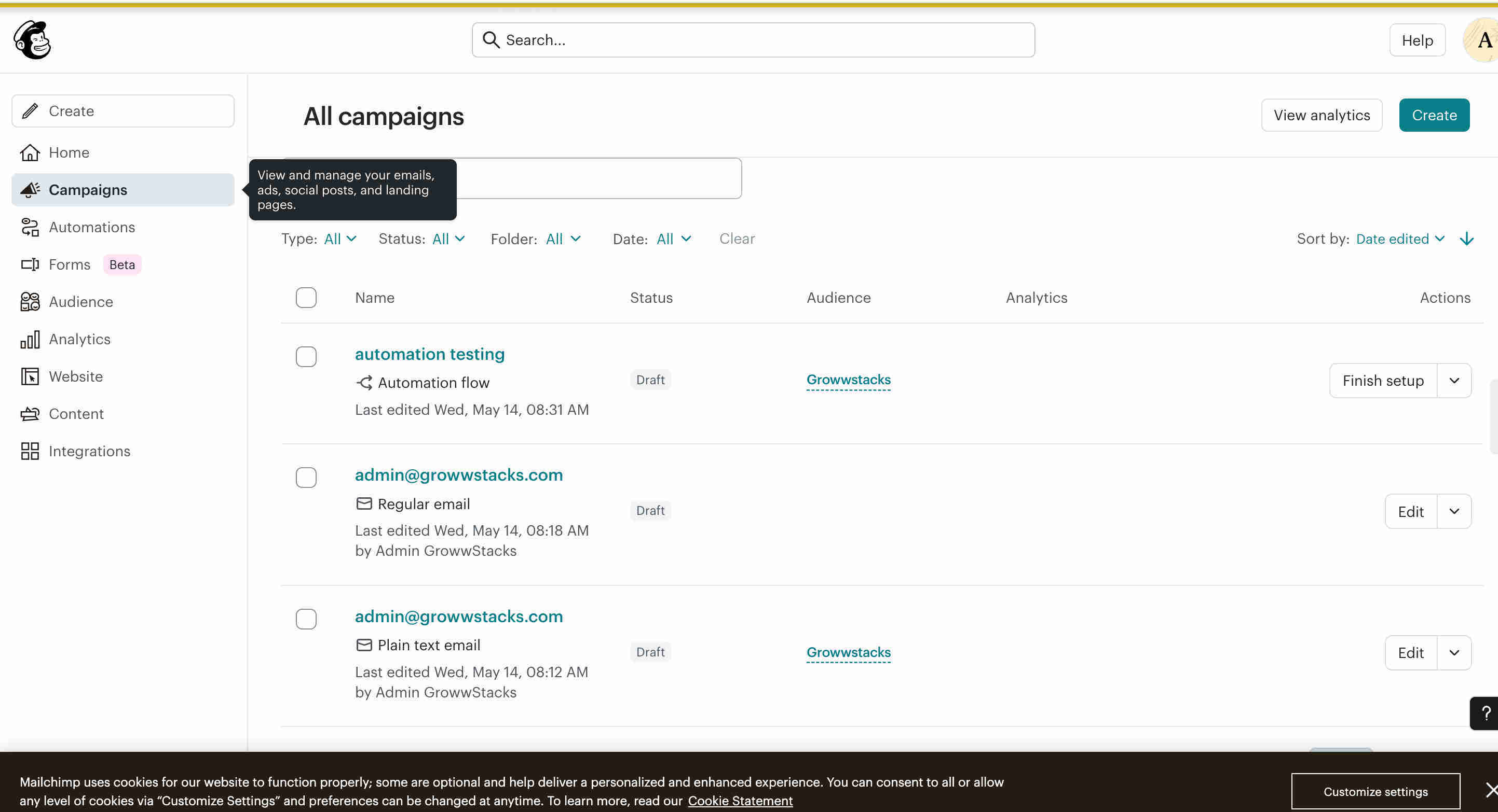 Mailchimp campaign dashboard showing automatically enrolled subscribers from synchronized leads with campaign statistics, open rates, and segmentation tags applied
