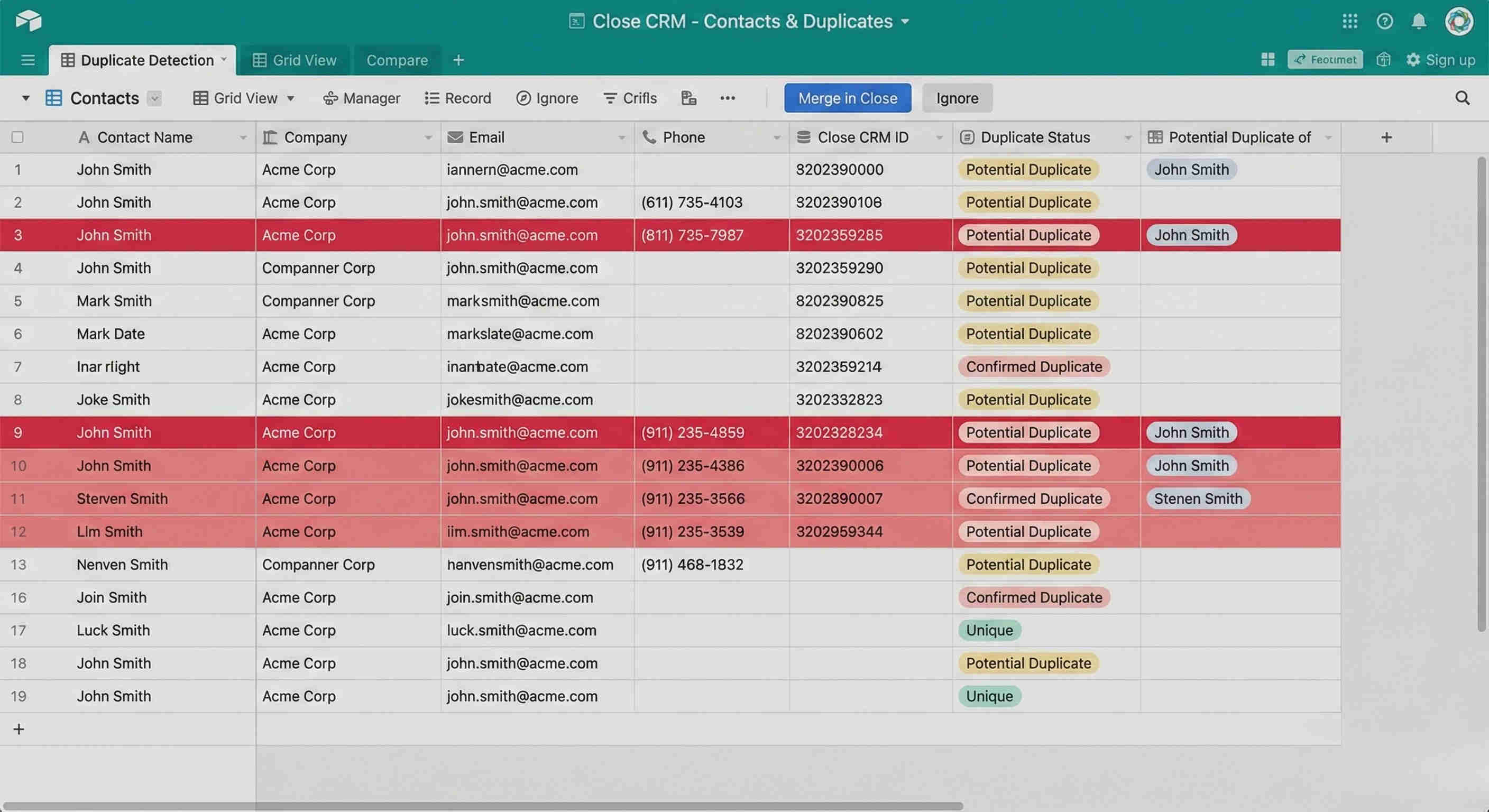 Close CRM showing automatically created and synchronized lead records with complete contact details populated from Airtable including name, email, phone, and source information