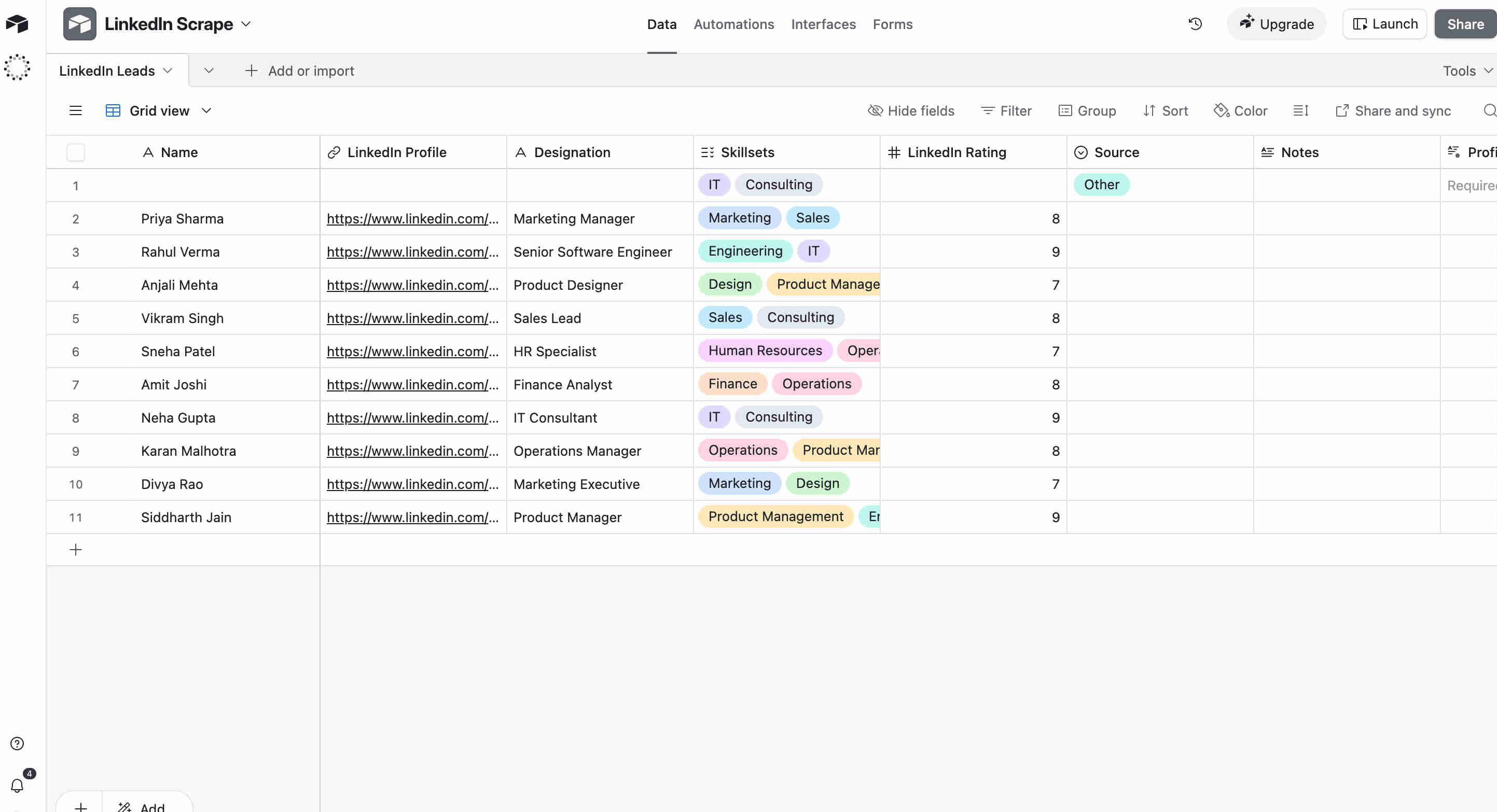 Airtable CRM database showing lead records with LinkedIn profile URLs alongside enriched fields for designation, skills, ratings, experience, and education populated automatically