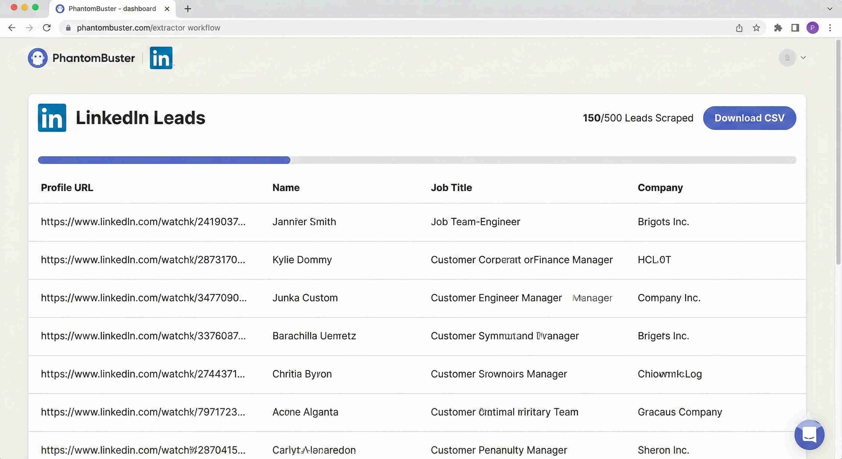LinkedIn leads database showing prospect profiles with enriched professional data including job titles, skills, companies, and experience details ready for personalized sales outreach