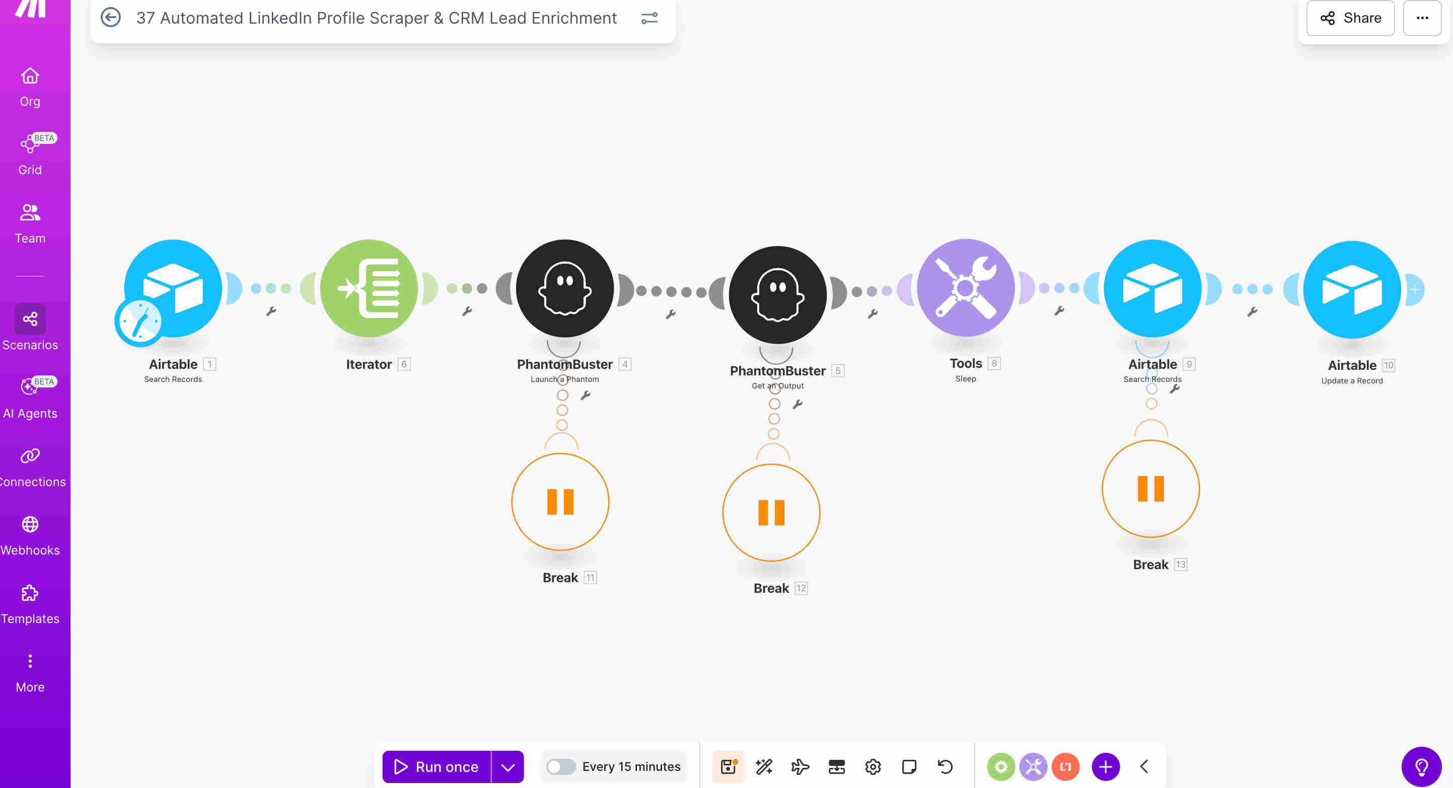 Make.com automation workflow showing Airtable search module, iterator processing, Phantom Buster launcher, sleep module, output retrieval, record matching, and CRM update nodes