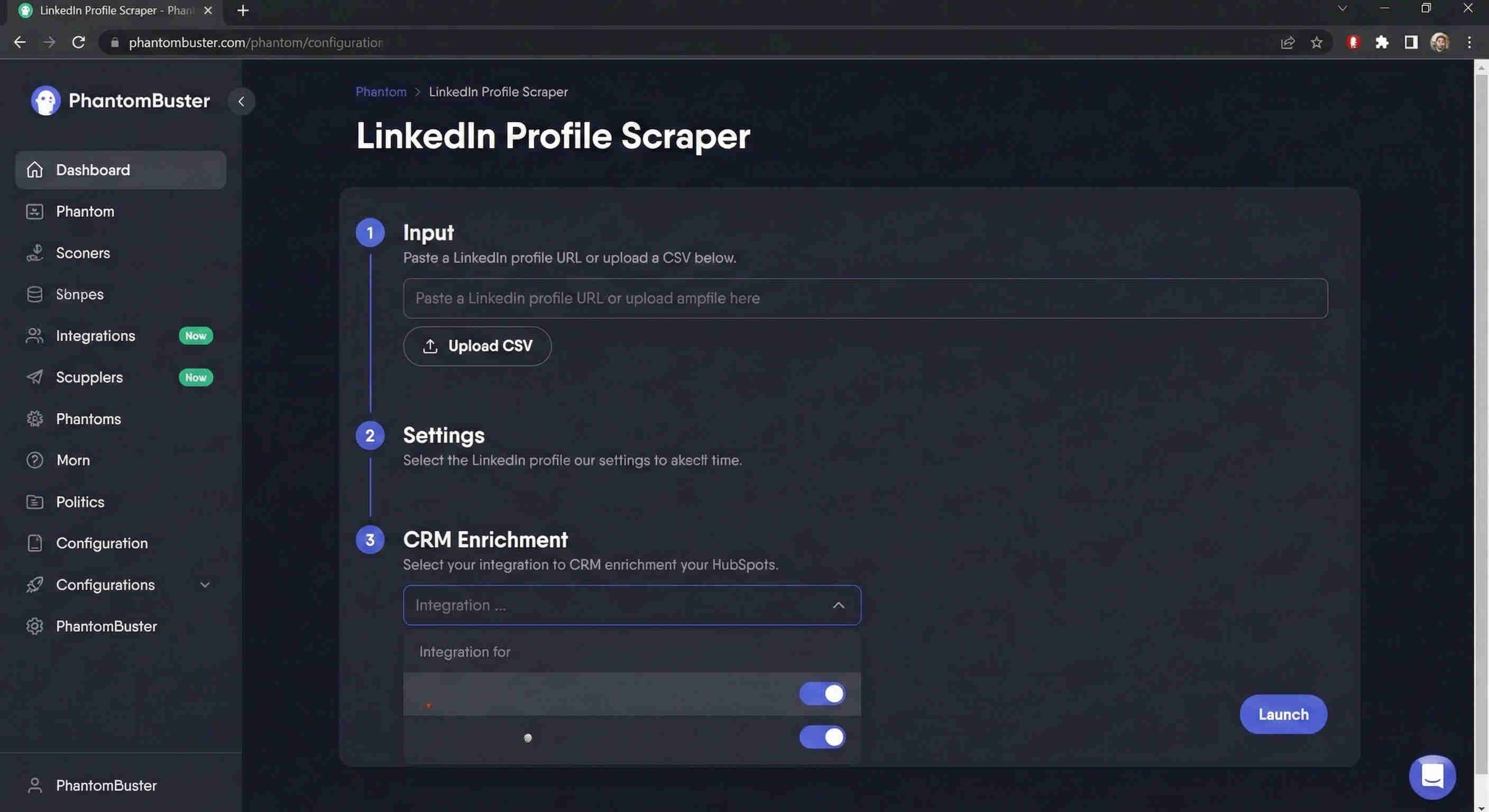 Phantom Buster LinkedIn profile scraper configuration showing extraction parameters for job titles, skills, ratings, experience, and education fields