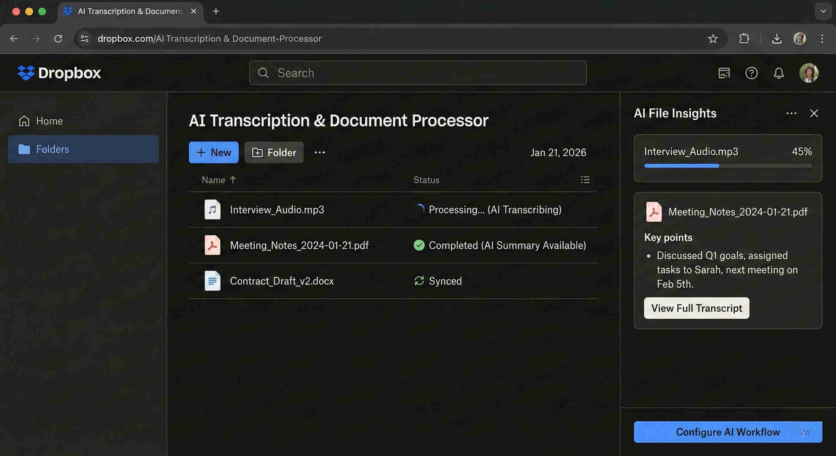 Dropbox file monitoring interface showing scheduled trigger watching designated folders for new audio and video file uploads to initiate the transcription workflow