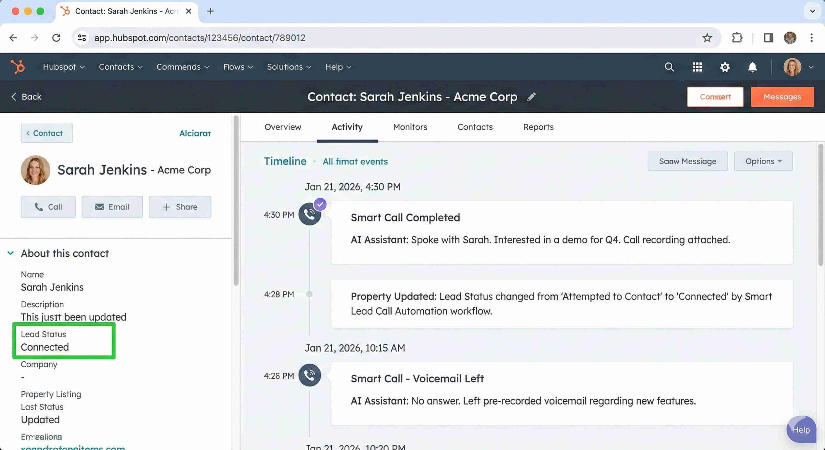 HubSpot lead status updates showing contact records with automated qualification status fields — ChatGPT validation verdict, VAPI call status, BANT scores for Budget Authority Need and Timeline, meeting booking confirmation, and Twilio SMS sent status all populated automatically without manual data entry