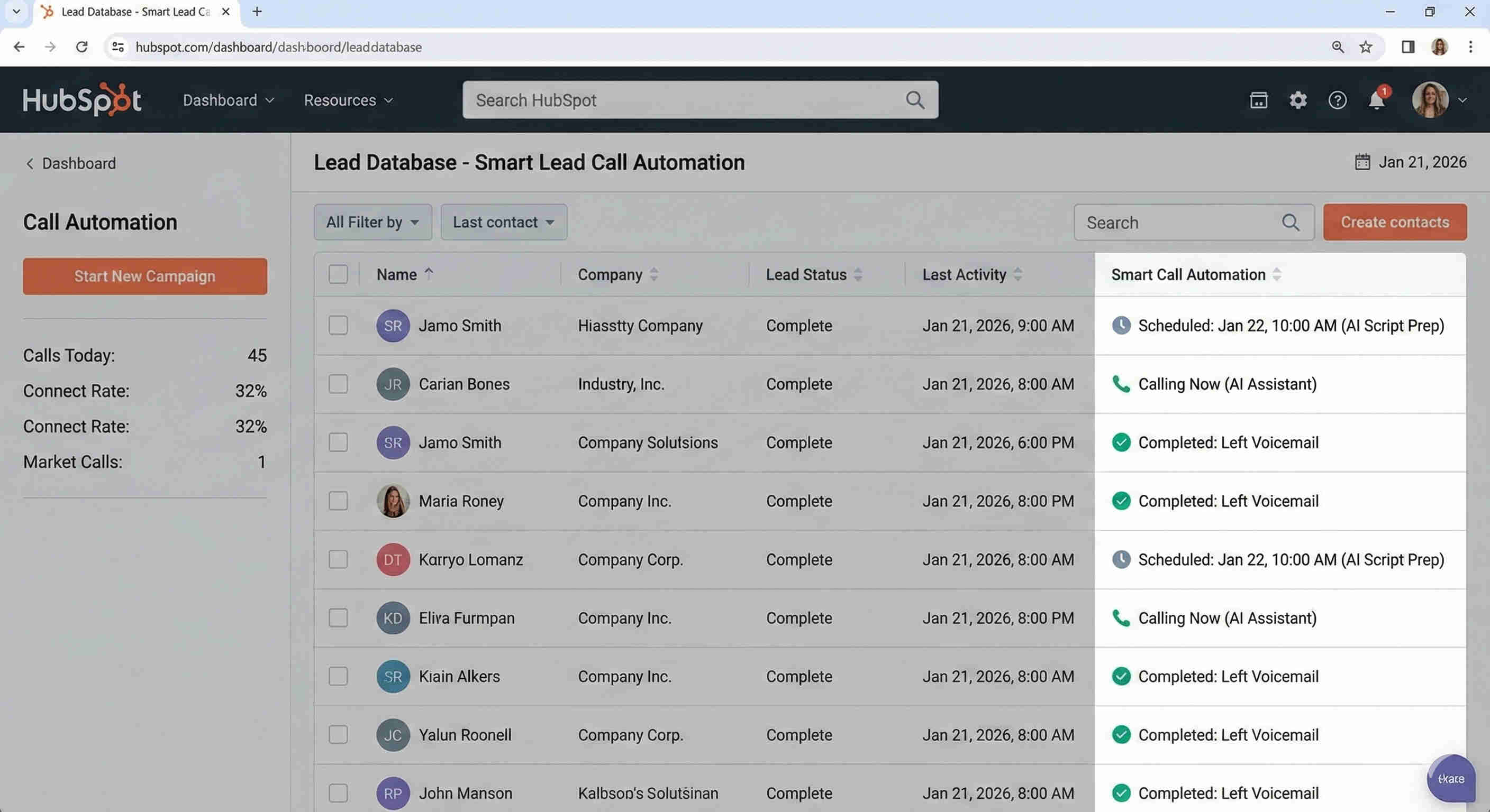 Lead database management showing the HubSpot CRM contact records with inbound lead submissions, qualification scores, call status fields, meeting booking status, and BANT qualification data populated automatically by the AI voice agent after each qualification call