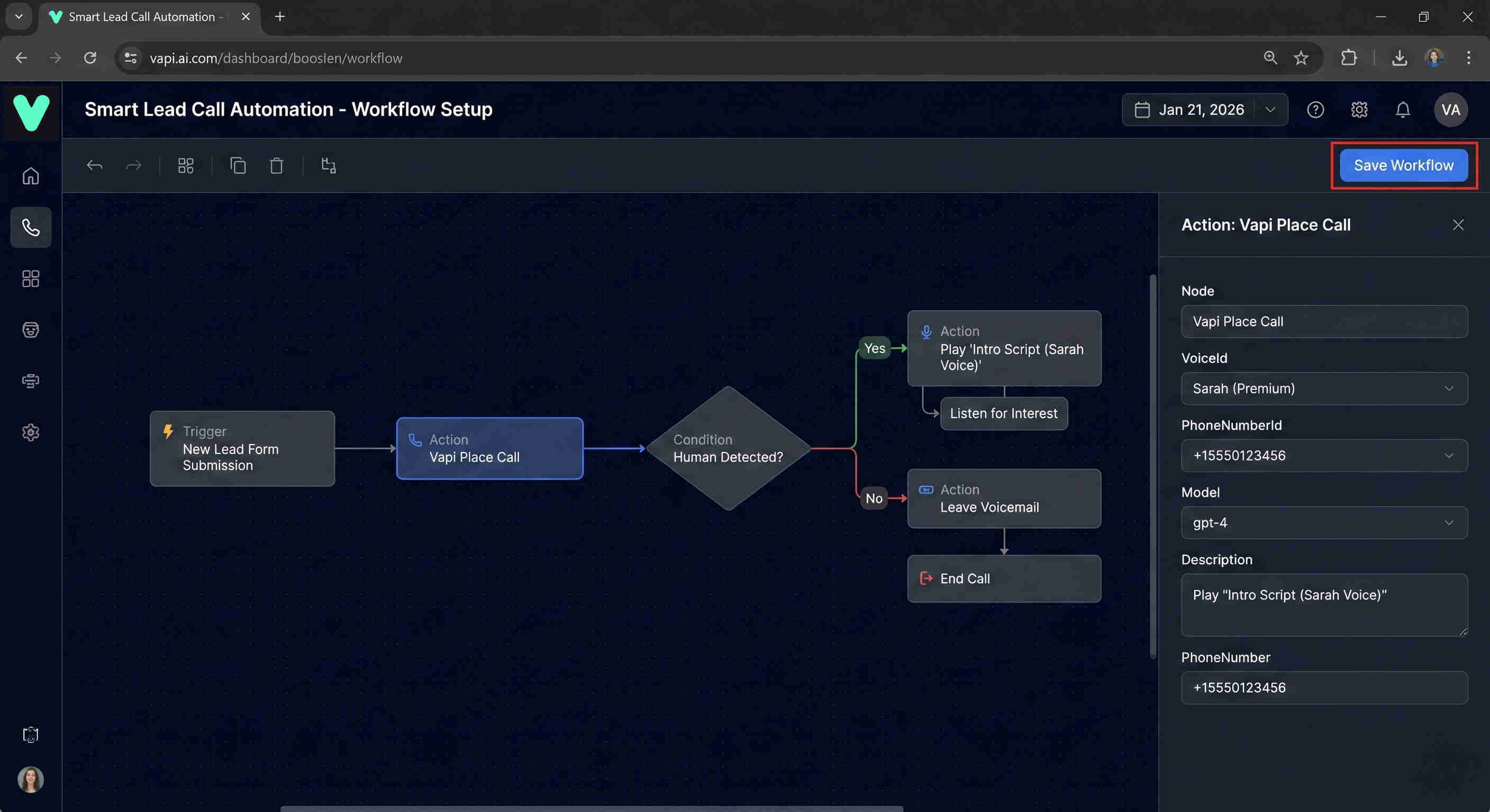 AI calling workflow setup showing the VAPI assistant configuration with Sarah's conversation scripts, BANT qualification framework, company service descriptions, objection handling responses, and calendar integration tool calls configured for the intelligent lead qualification voice agent