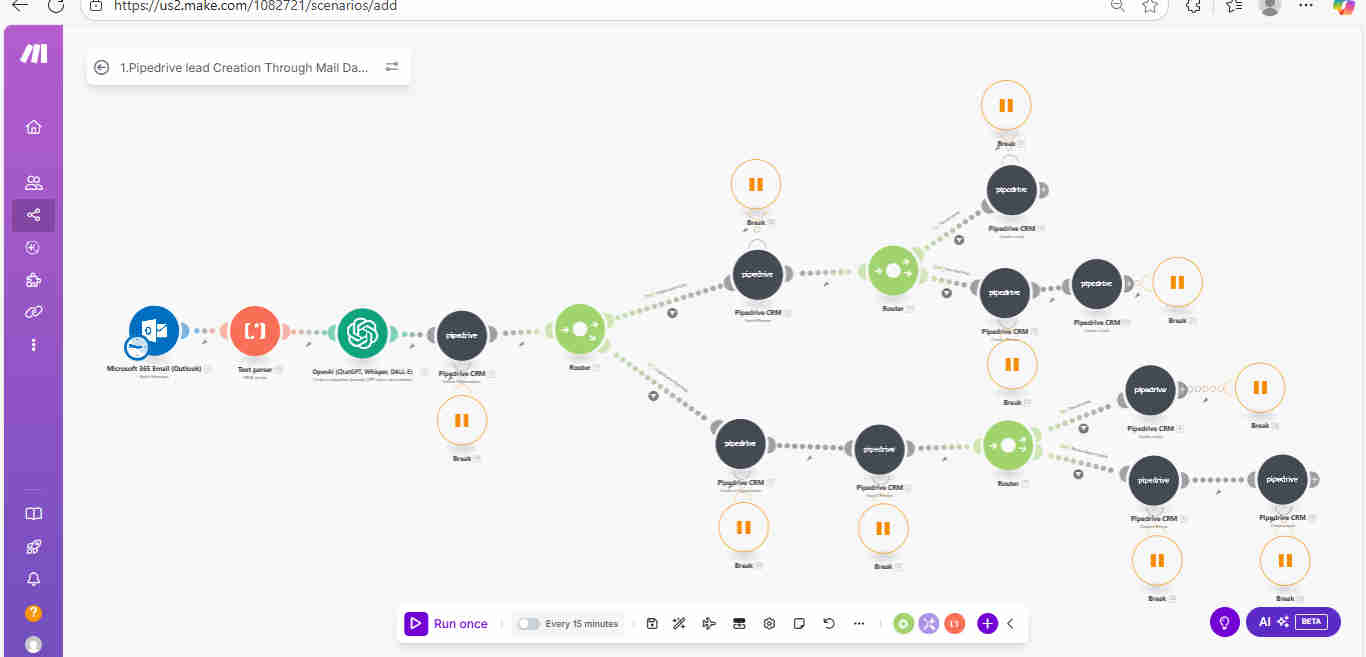 Pipedrive CRM showing automatically created organization, lead, and deal records with complete contact details populated from email extraction