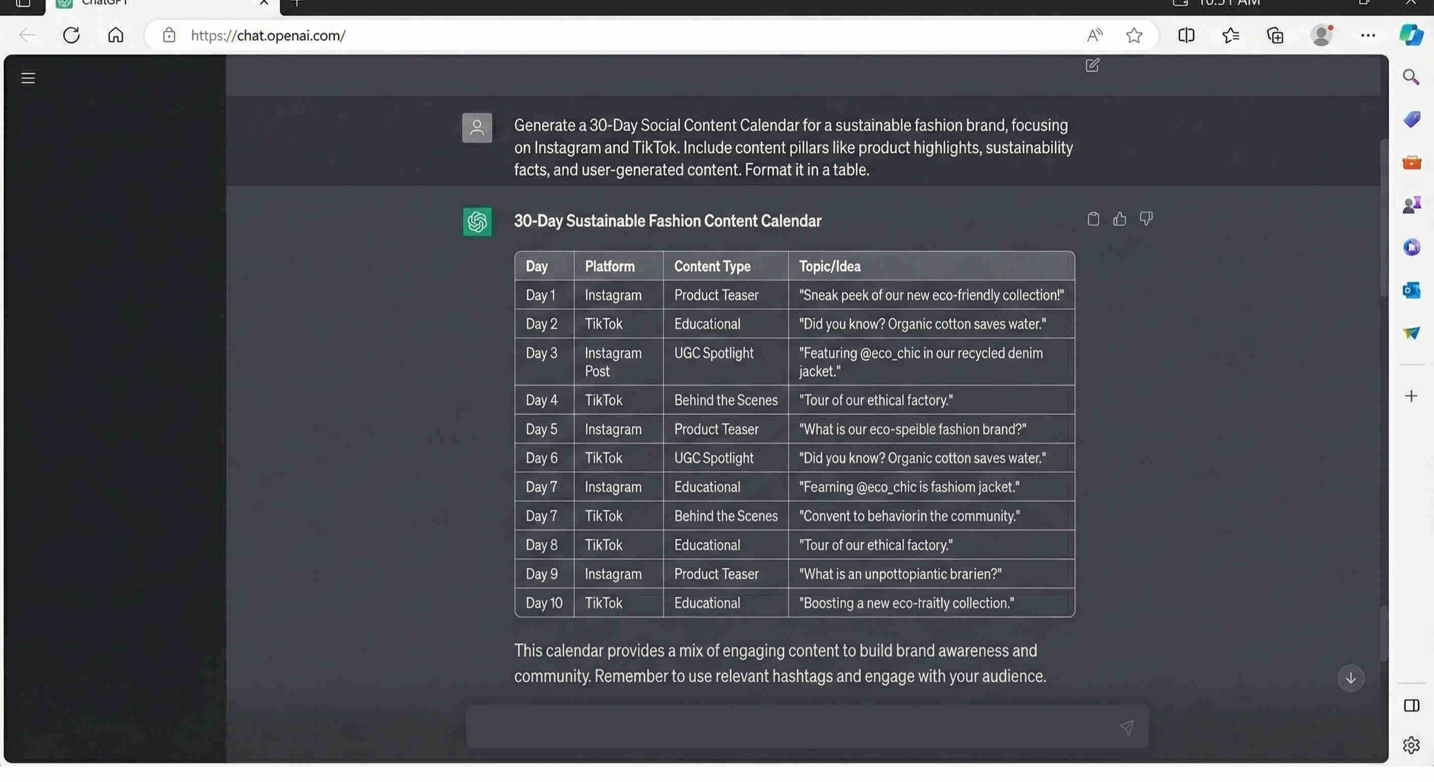 ChatGPT content generation interface showing insight extraction from meeting summary and social media post concept output with varied angles and platform-appropriate messaging