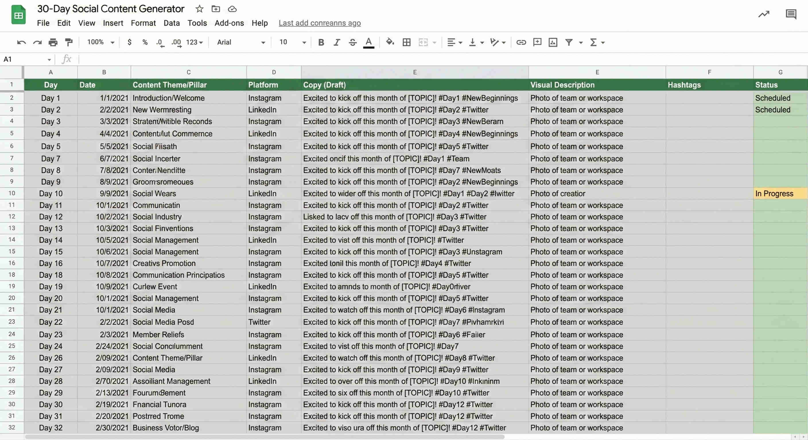 30-day content variations output showing diverse social media posts generated from a single meeting summary with varied angles including educational tips, questions, stories, announcements, and promotional content