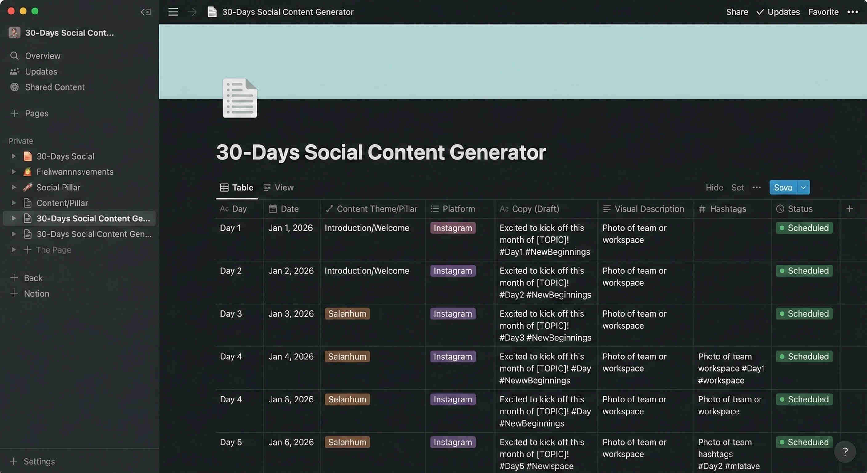 Notion database organisation showing 30 content entries with review status, approval checkbox, scheduled date, target platform and team member assignment fields populated for team workflow management