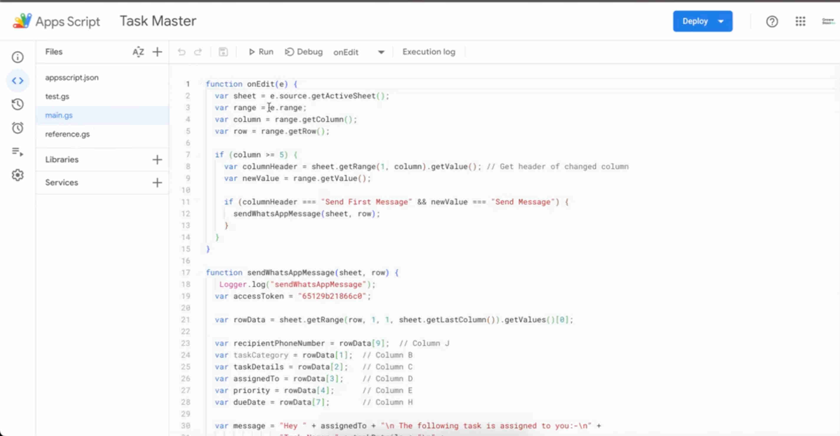Google Apps Script automation engine showing the script editor with the core task management functions — overdue detection trigger, WhatsApp notification dispatch, dashboard calculation, employee database query, and manager report generation code