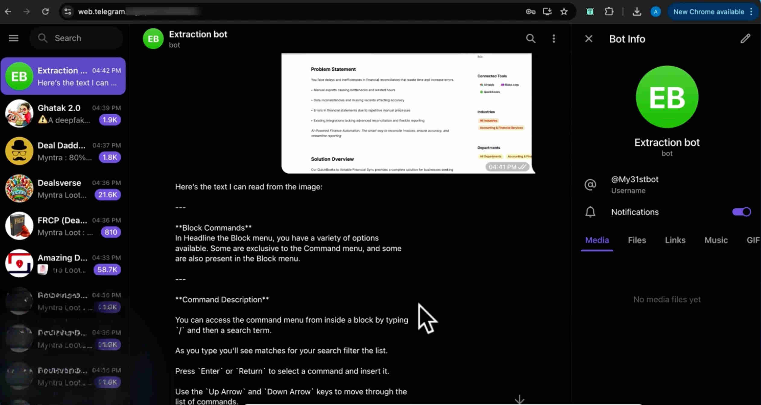 Image upload process showing a user sending a receipt photograph to the Telegram bot, with the bot acknowledging receipt and initiating the GPT-4 Vision extraction pipeline